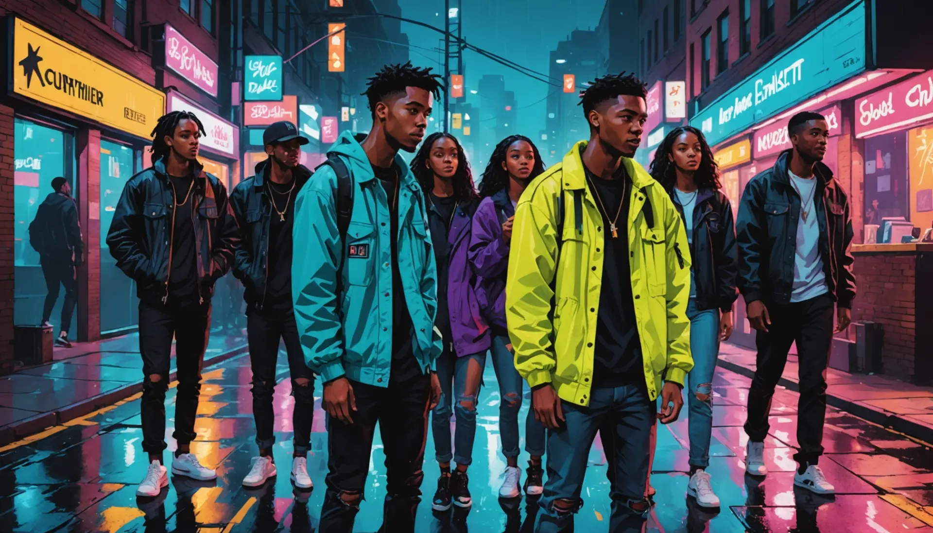 Editorial illustration of urban scene with characters whispering, caption concept for grimey meaning slang