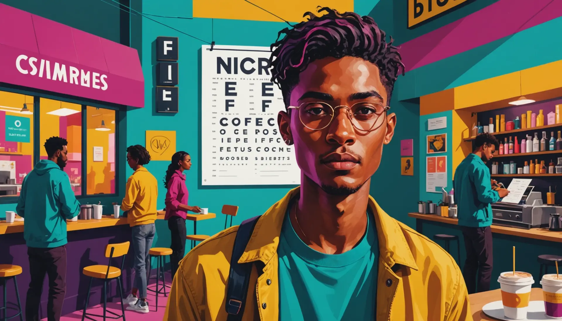 Editorial illustration showing an eye chart and a person squinting, with the phrase what does 20/30 vision mean implied by visuals