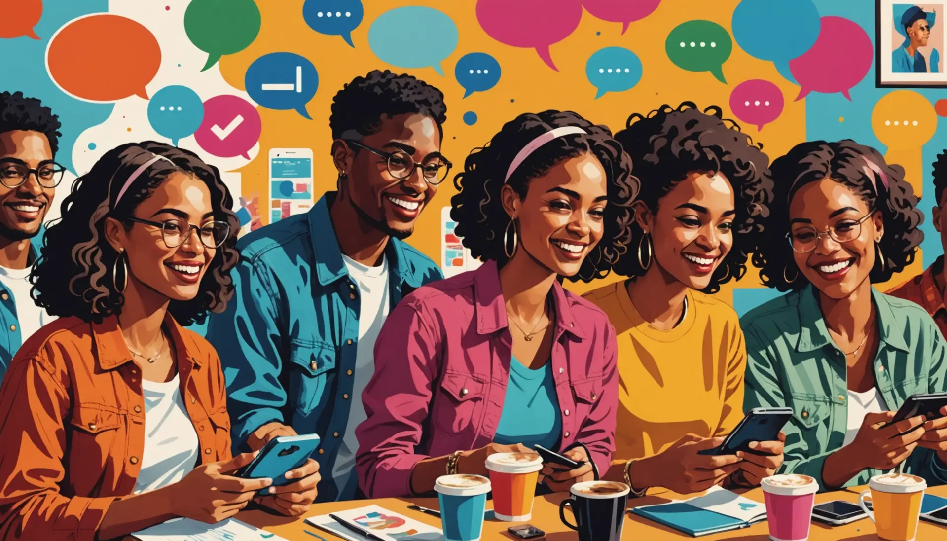 Editorial illustration showing people using phones with speech bubbles and the phrase what does ps mean urban dictionary