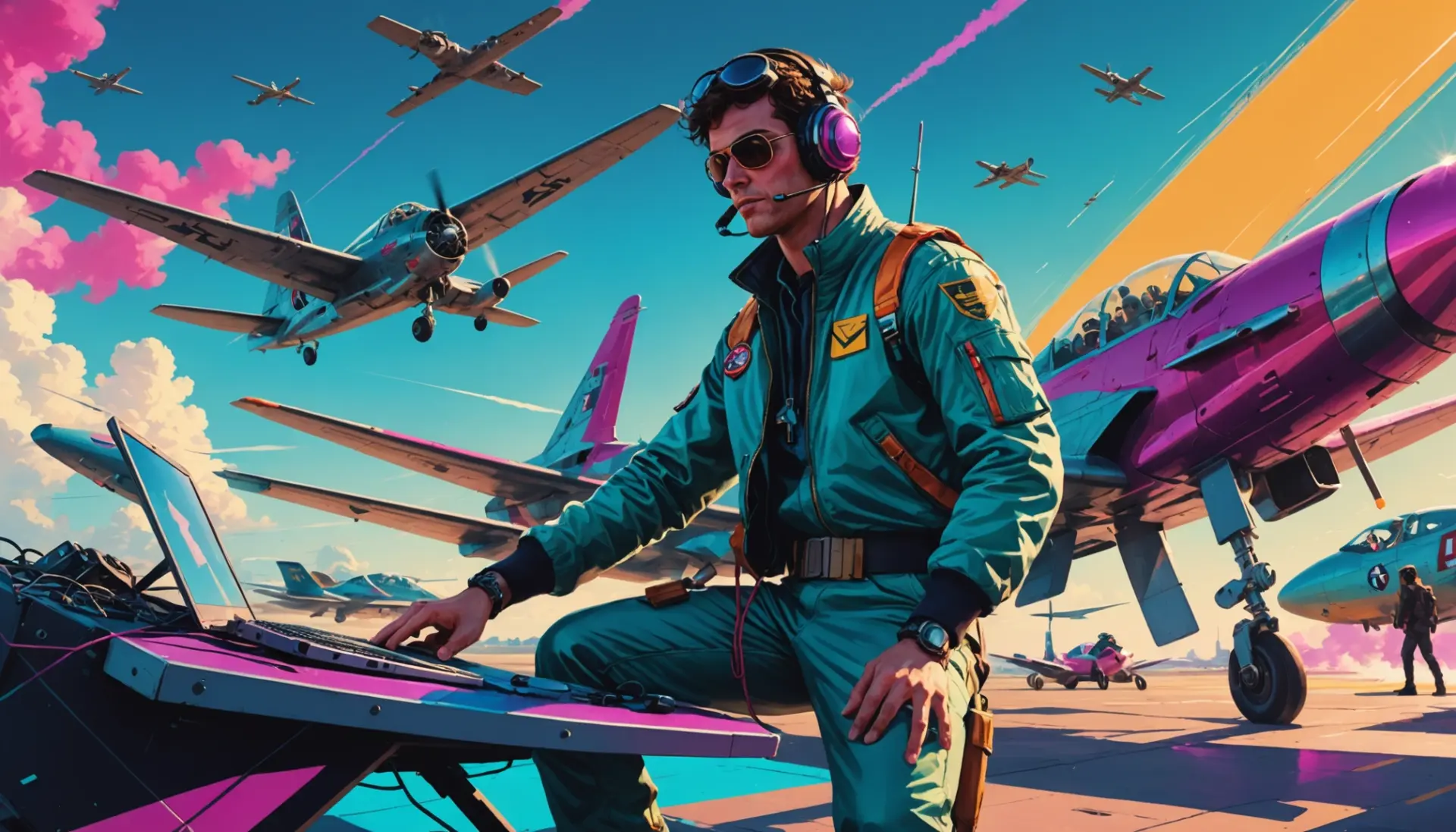 Editorial illustration showing a pilot and gamer with the caption concept for 'what does sortie mean'