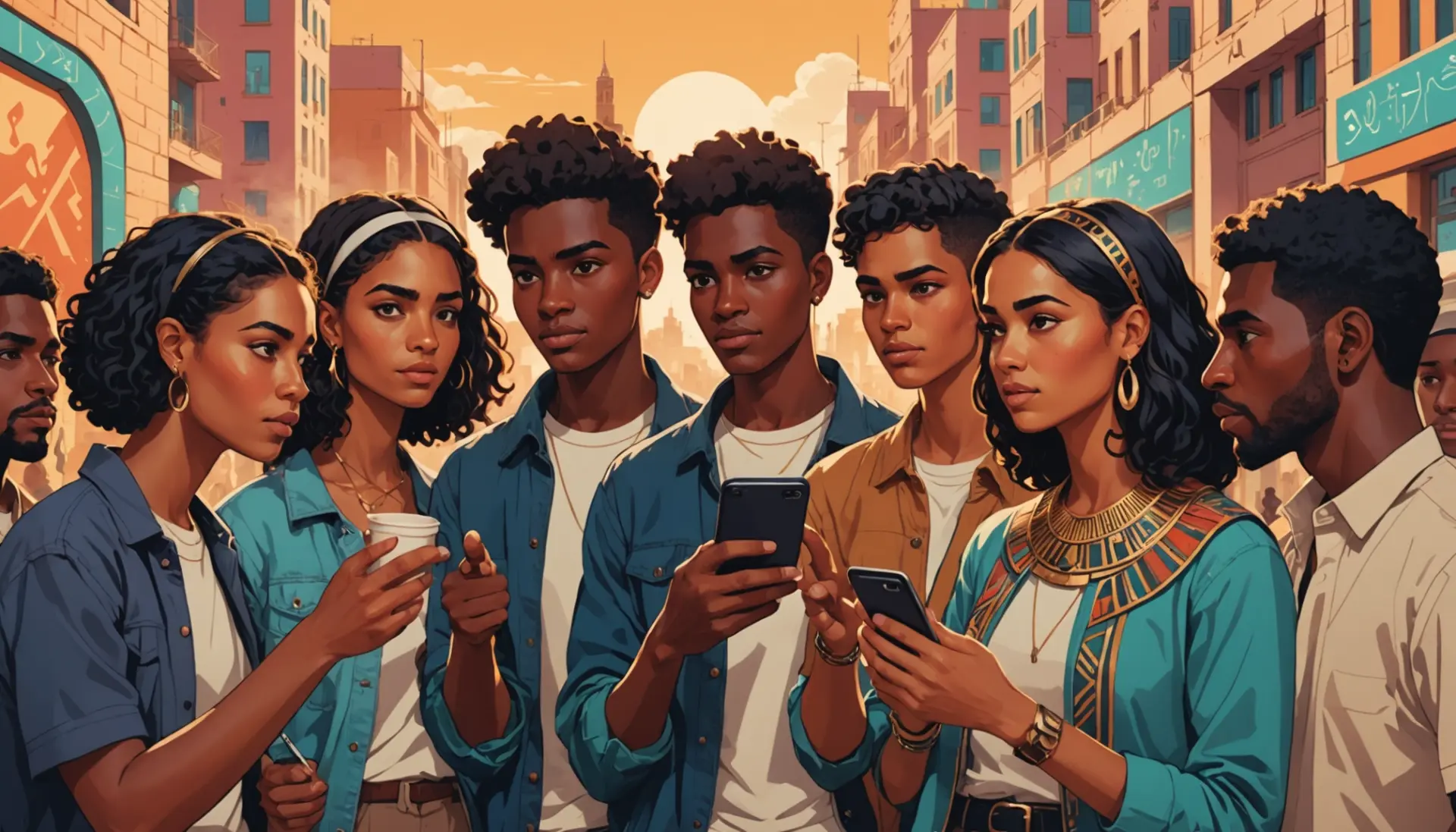 Editorial illustration showing people debating 'hotep meaning urban dictionary' online