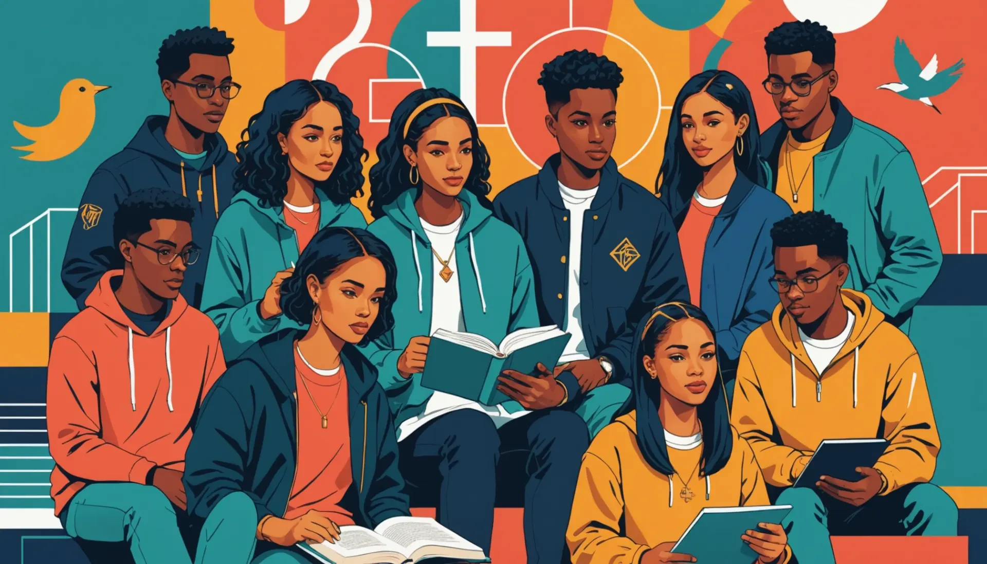 Editorial illustration showing young people and icons representing LDS meaning slang