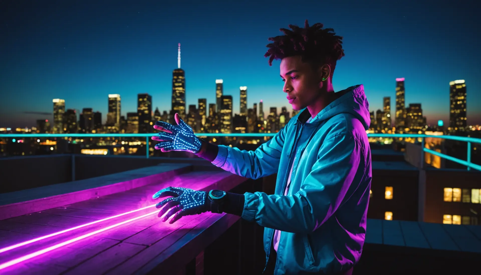 Editorial illustration of a performer wearing LED gloves, caption concept for what is a glover slang