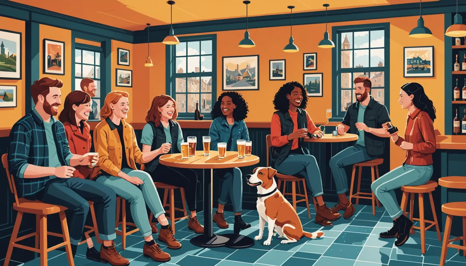 Editorial illustration of people using jobby scottish slang in conversation, lively pub scene
