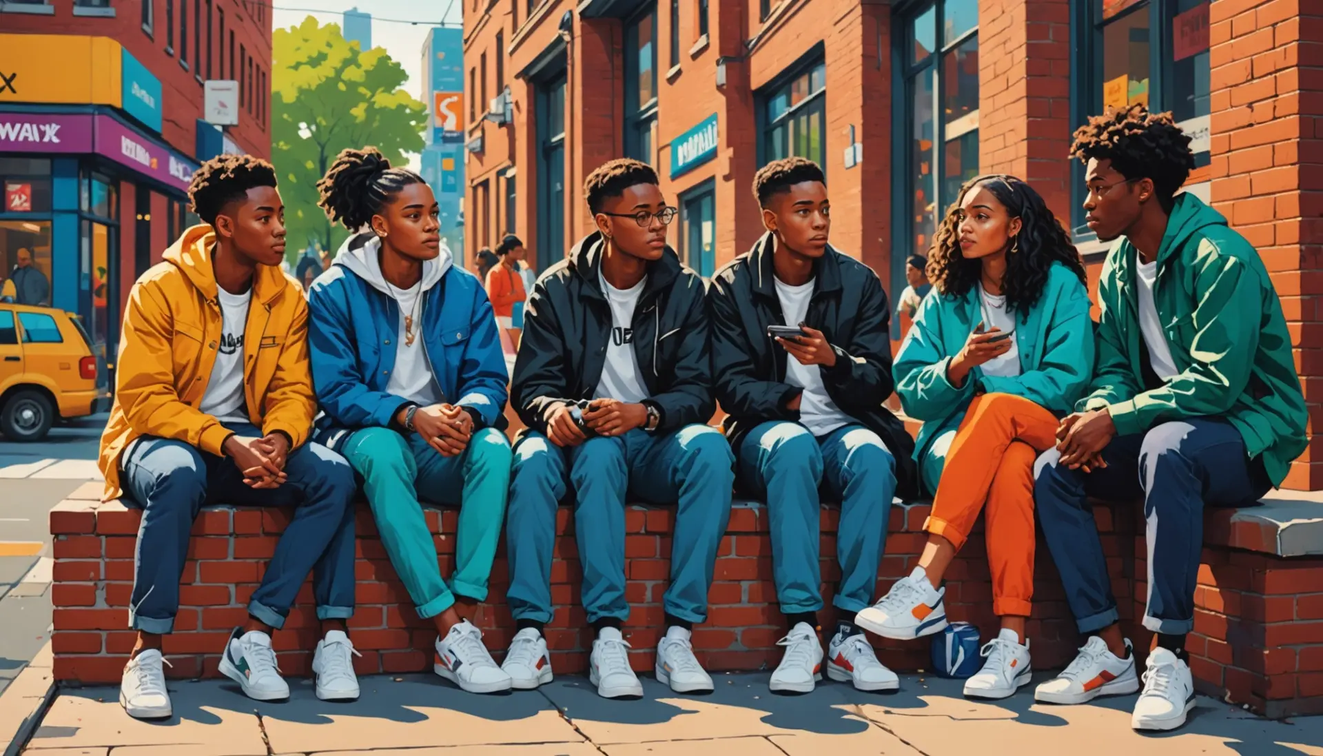Editorial illustration showing young people reacting to the phrase jits meaning slang