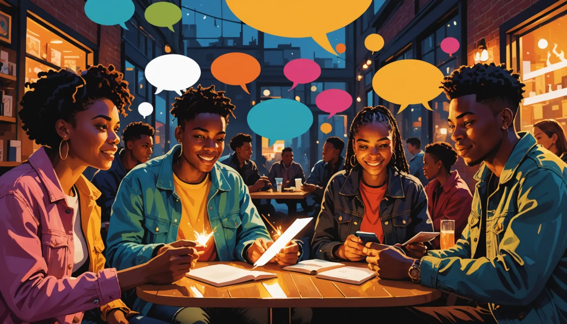 Editorial illustration showing people sparking a conversation, caption hinting at kindle definition slang