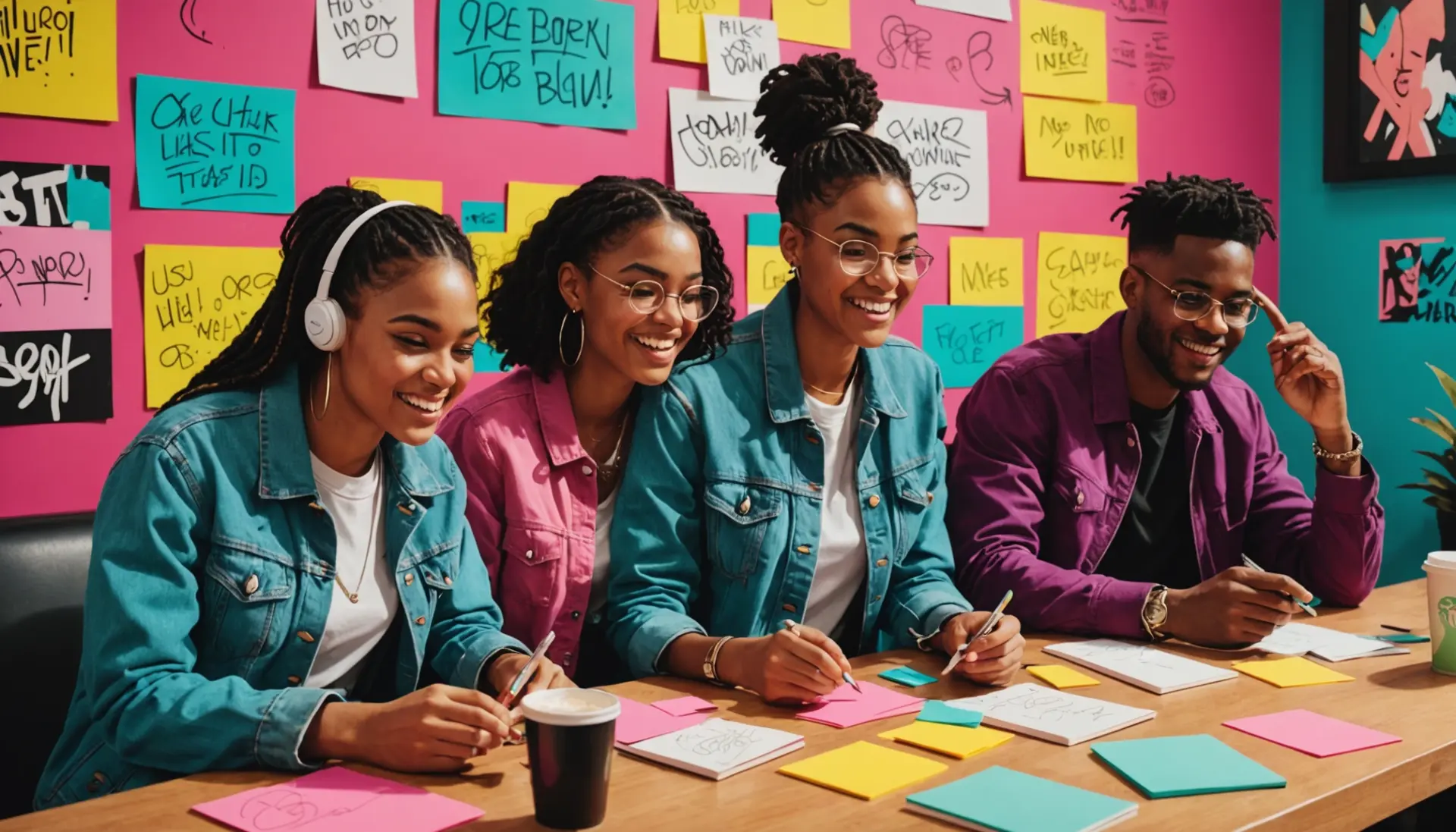 Editorial illustration showing young people discussing slang, with 'fm urban dictionary' context
