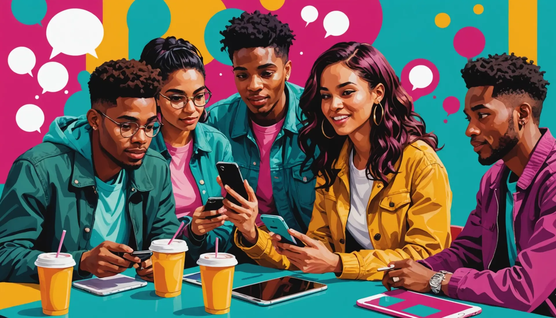 Editorial illustration showing people texting the phrase what does bms mean texting on phones