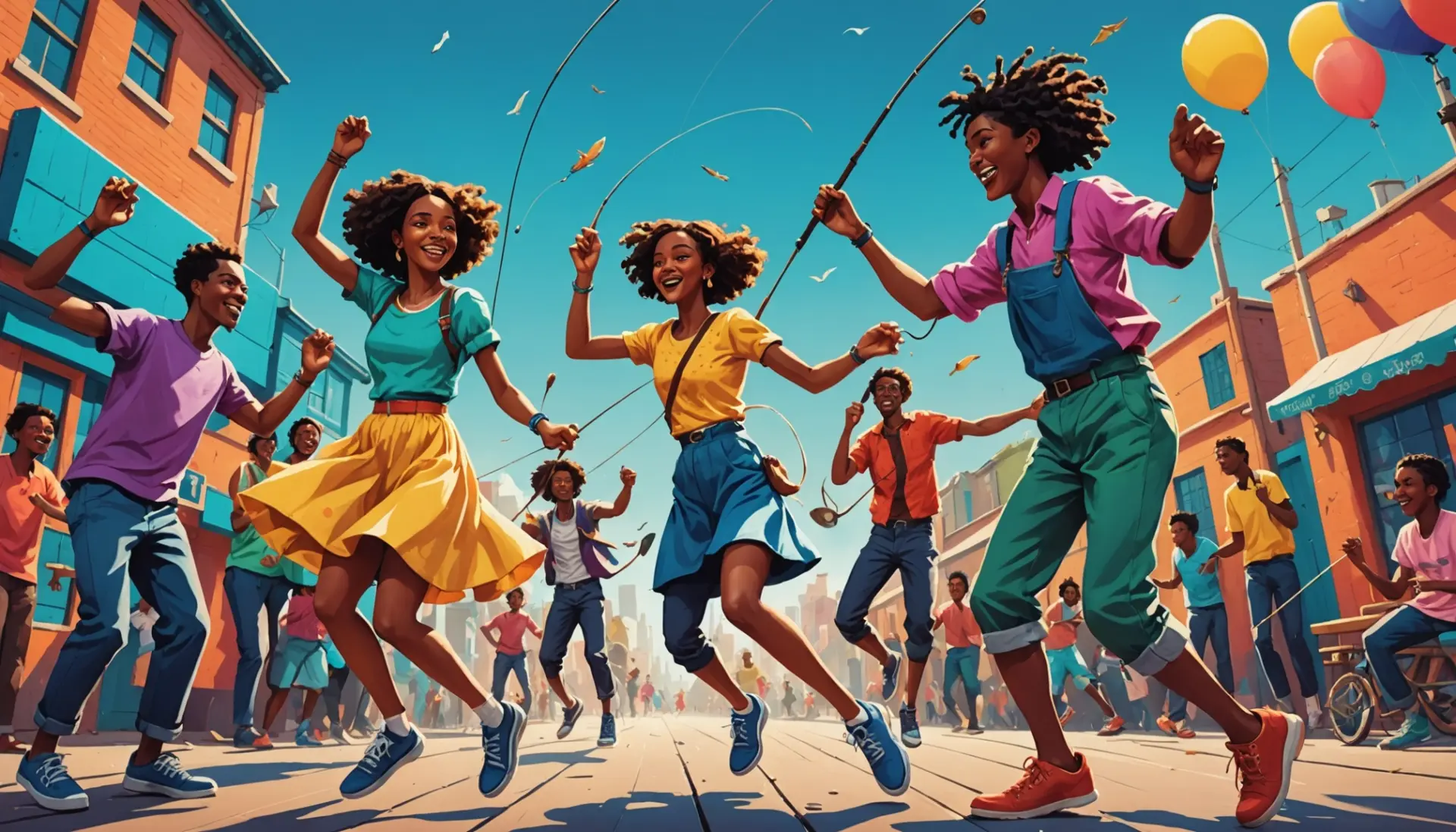 Editorial illustration showing young people dancing and fishing with lures, caption-free, representing what does jigs mean