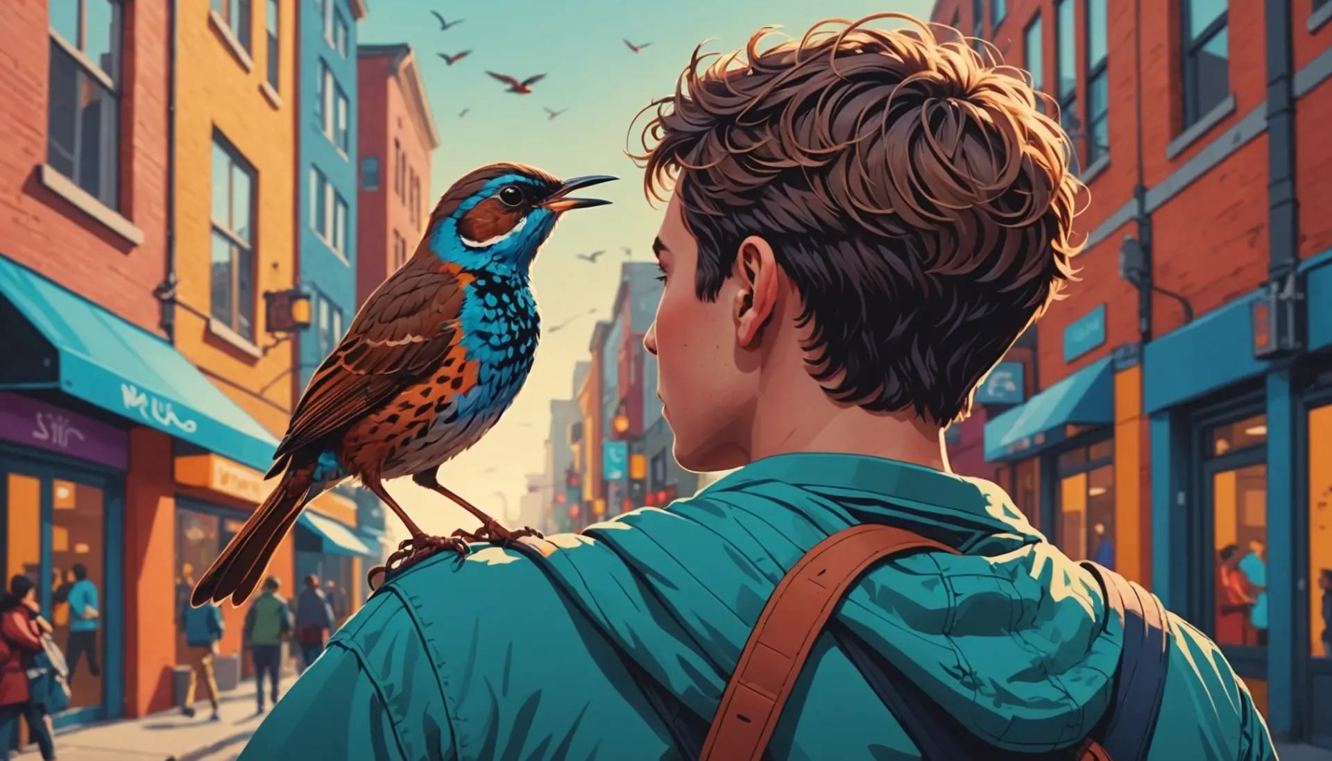 Editorial illustration showing a small wren bird and a person, reflecting 'what does wren mean'