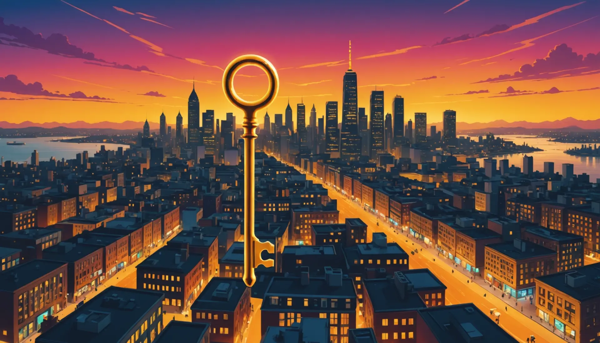 Editorial illustration of a golden ceremonial key with city skyline, representing what does the key to the city mean