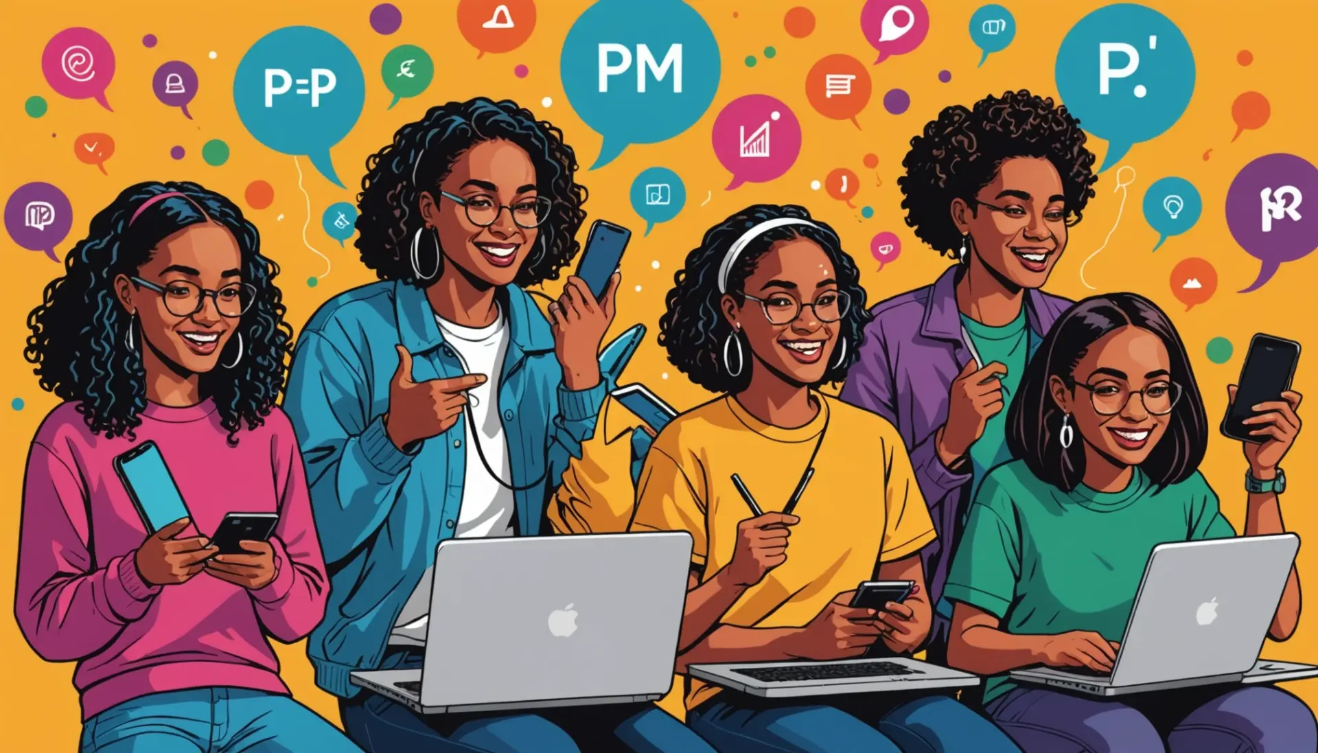 Editorial illustration showing people searching 'ppm urban dictionary' on phones, vibrant panels, slang bubbles with 'PPM' text