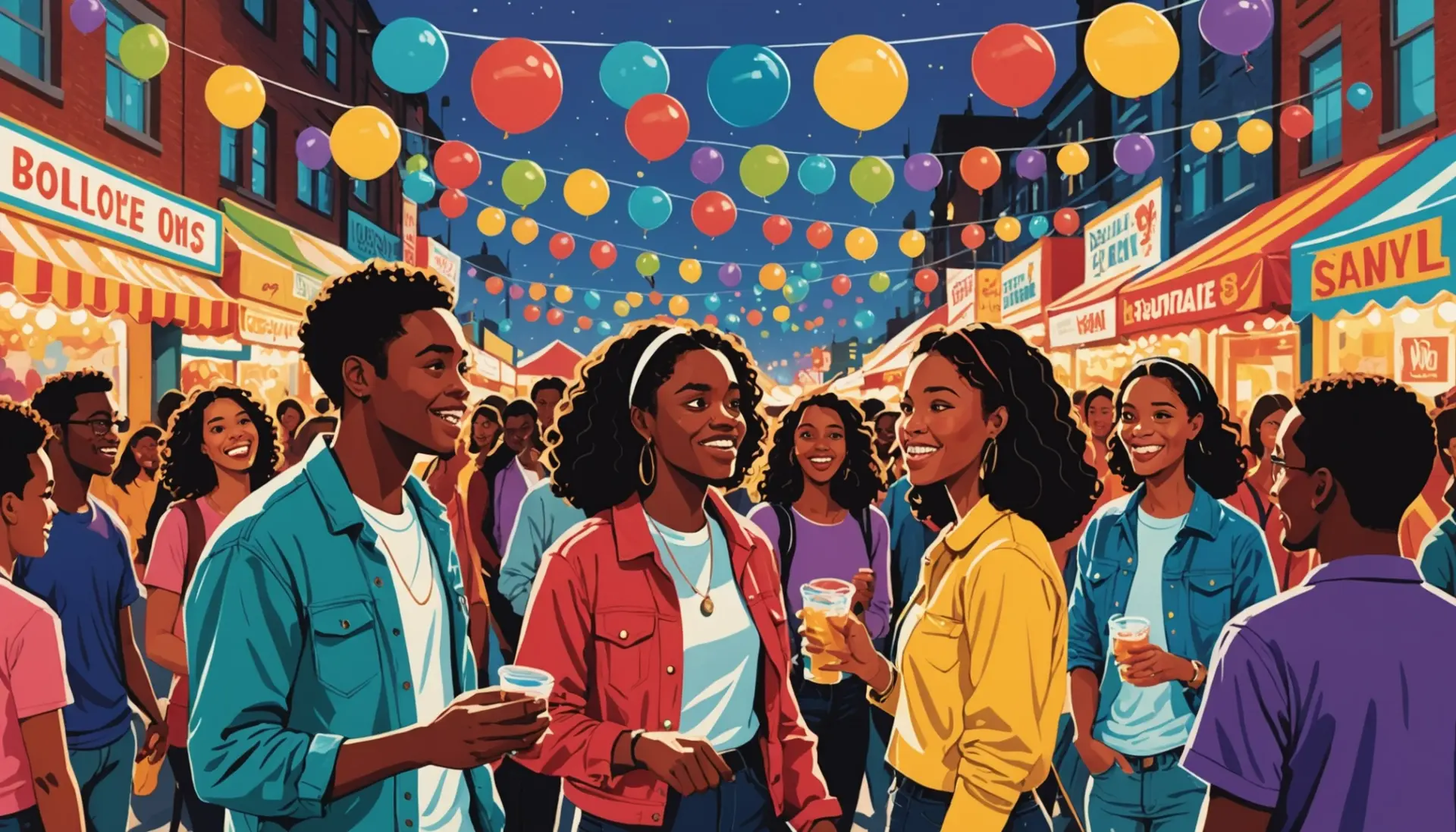 Editorial illustration showing young people at a colorful street fair with the phrase what does fairs mean in slang implied