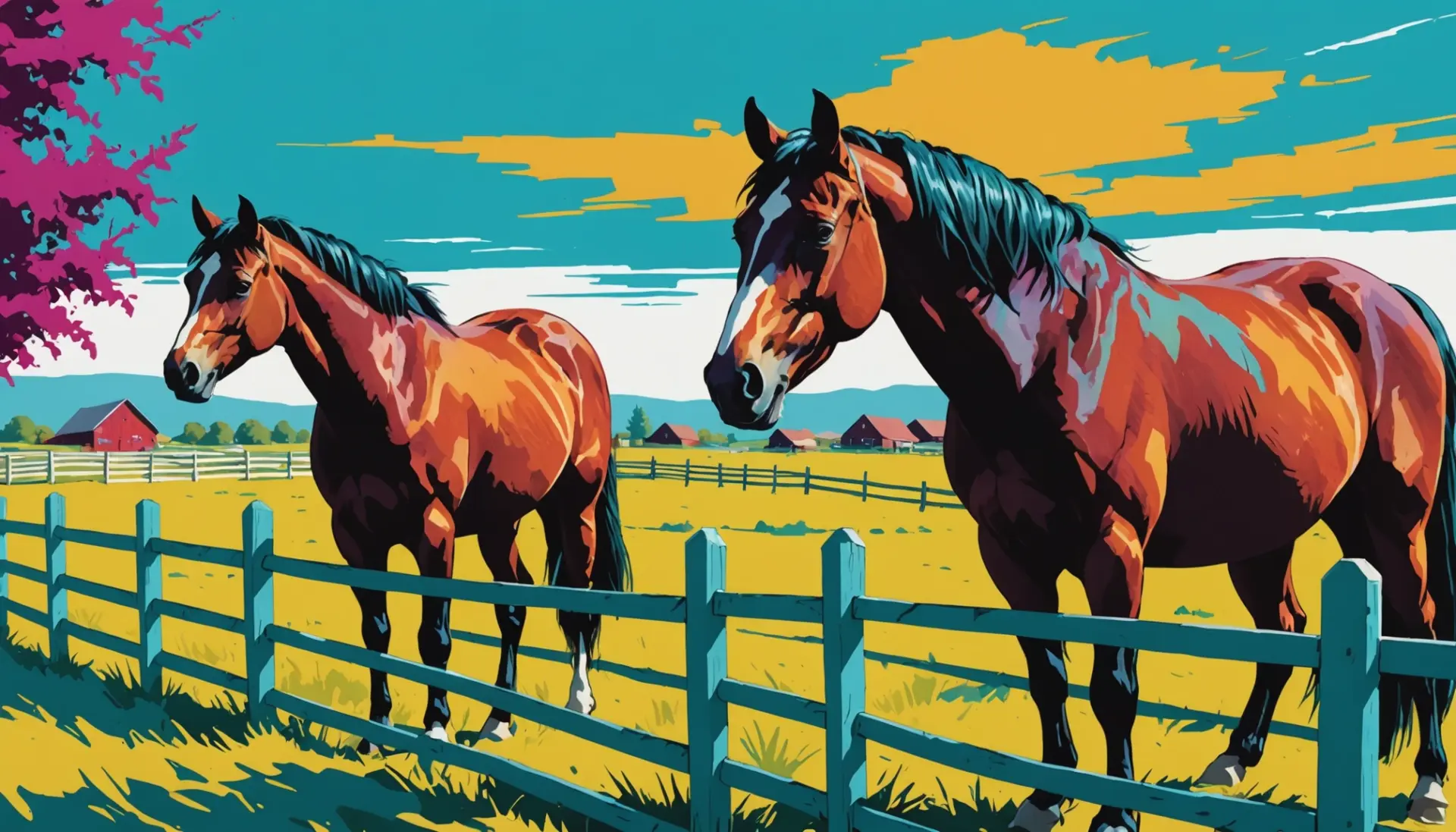 Editorial illustration showing a horse looking toward a pasture buddy, representing what does buddy sour mean in horses