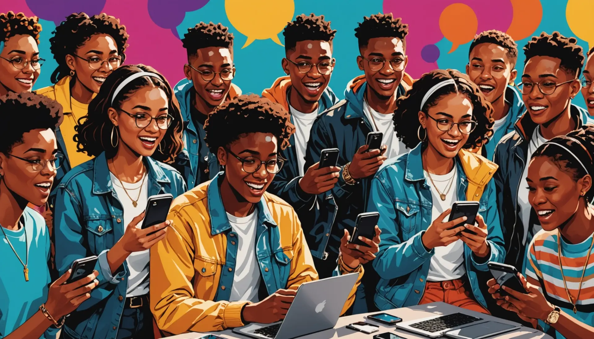 Editorial illustration showing people reacting online with the phrase dj'd meaning slang visible in context