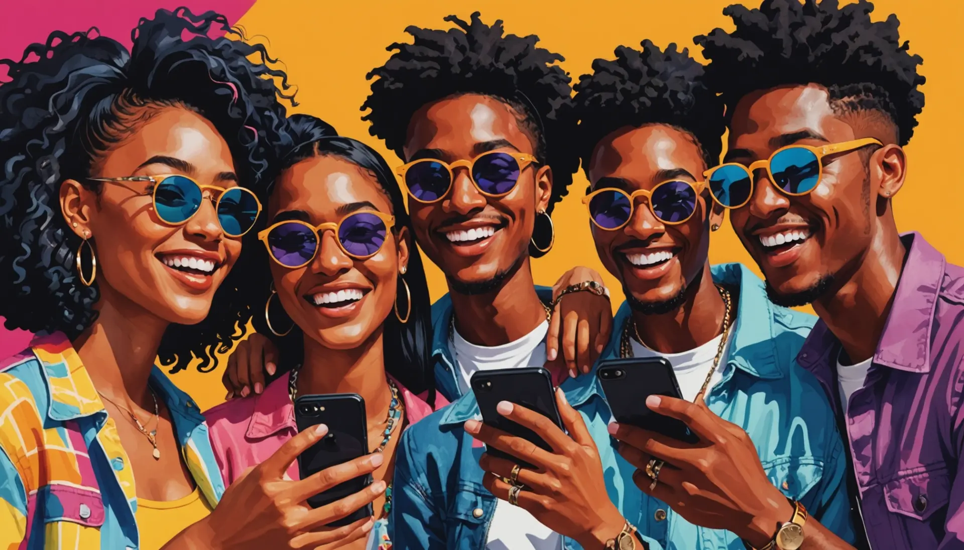 Editorial illustration showing friends noticing what does the sunglasses mean on snapchat