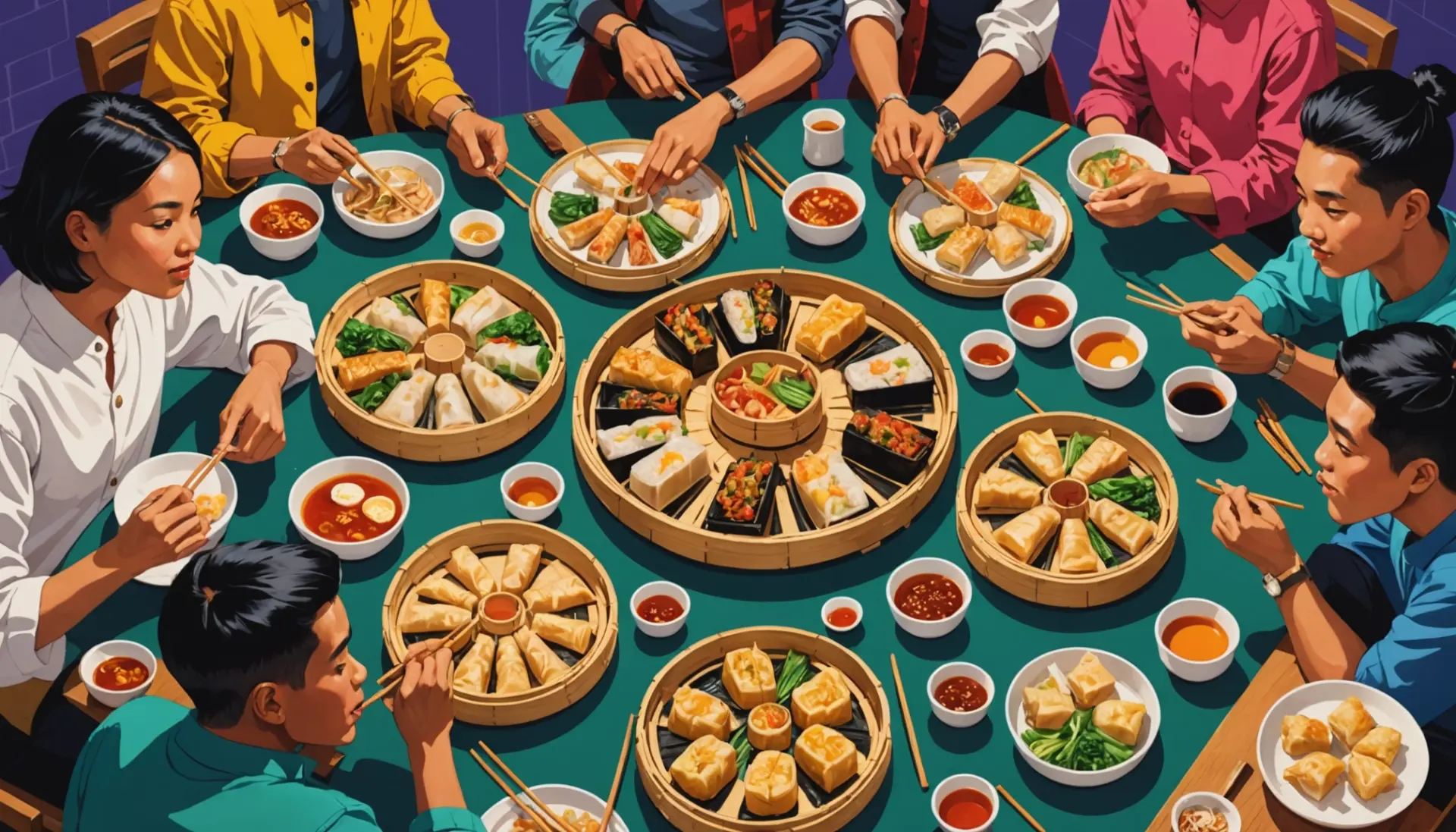 Editorial illustration of people sharing plates, with dim sum meaning slang vibe