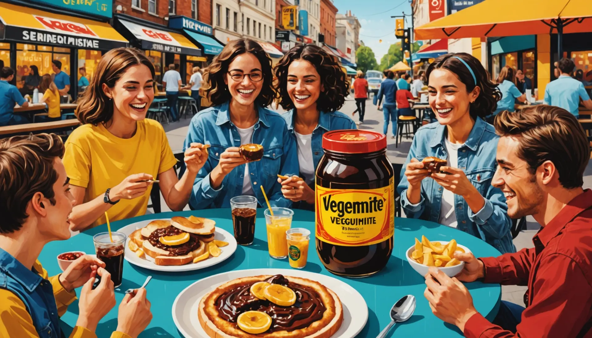 Editorial illustration showing a jar of Vegemite as a cultural icon with the text concept vegemite meaning slang
