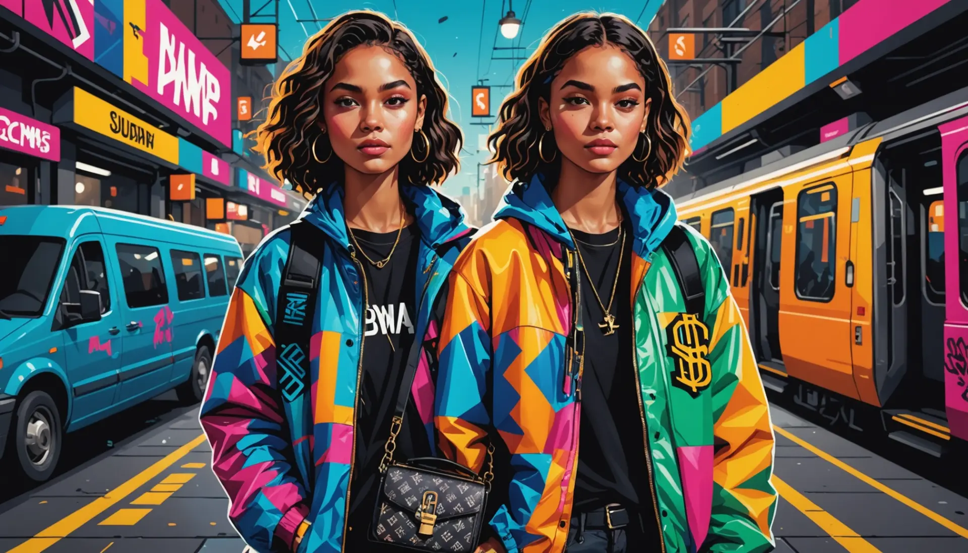 Editorial illustration evoking louie meaning slang with a city scene and a Louis Vuitton style bag