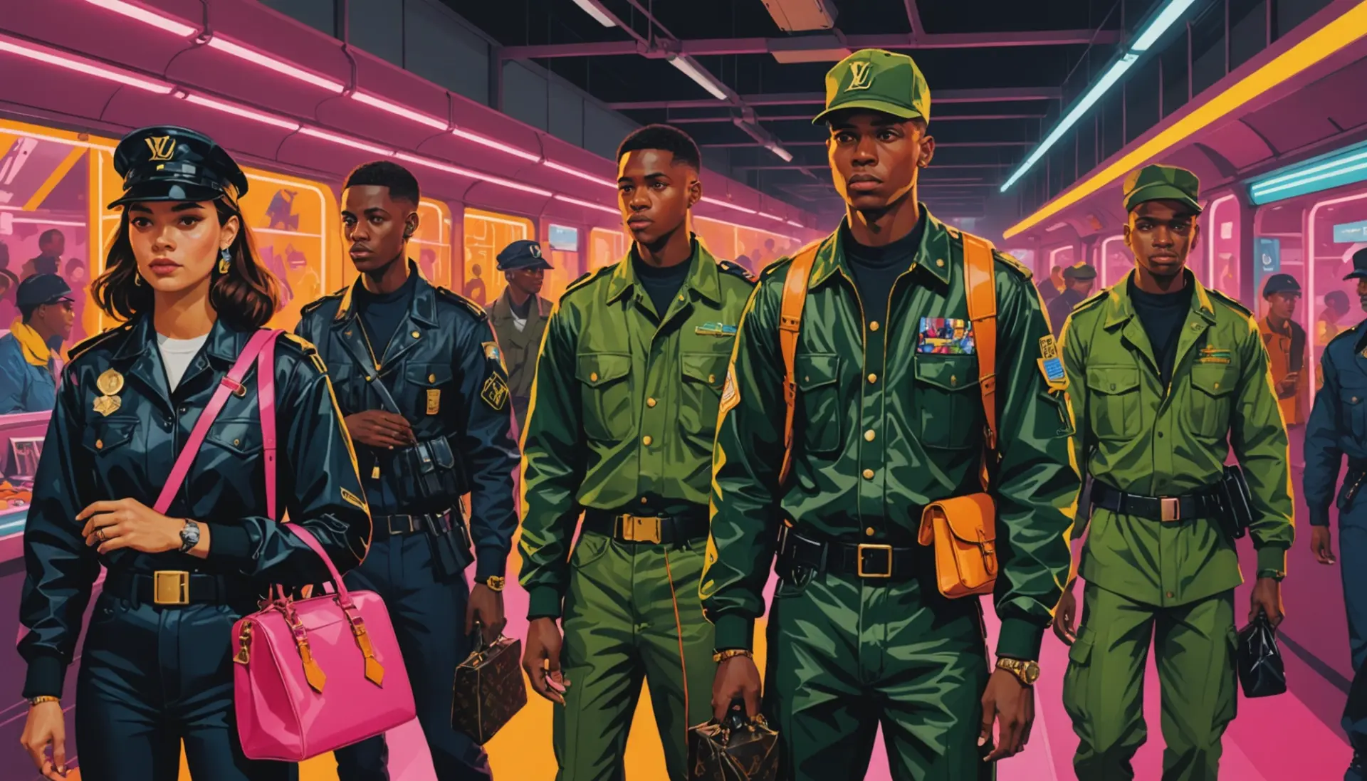 Editorial illustration showing people using louie slang around fashion items and a military vignette, featuring louie slang in context
