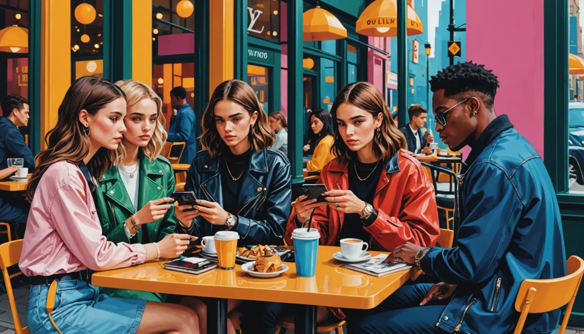 Editorial illustration of people discussing what does louie mean, fashionable items and speech bubbles