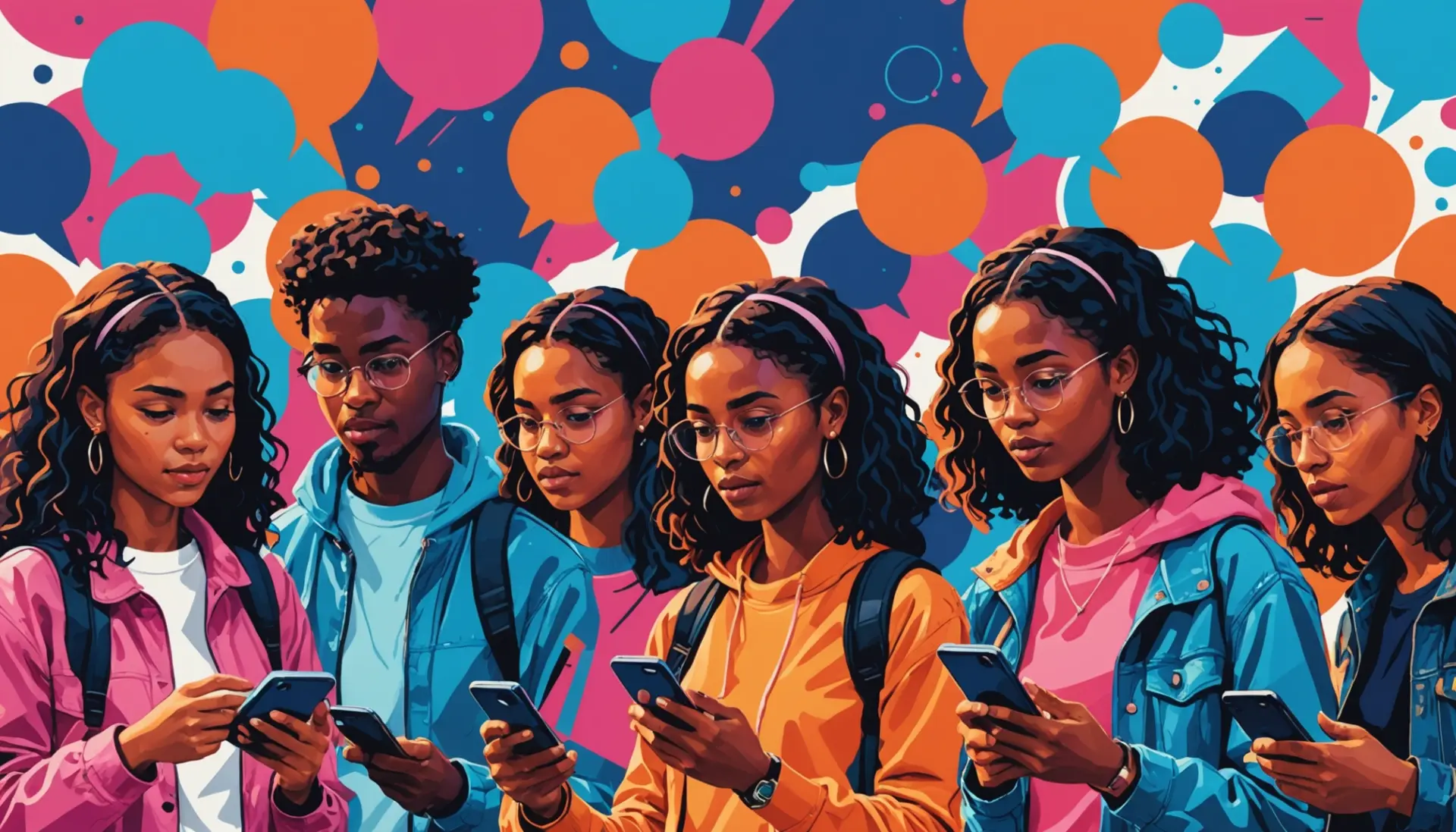 Editorial illustration showing people texting 'what does wru mean in text' in chat bubbles