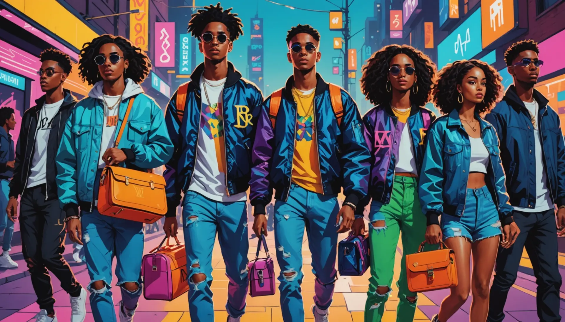 Editorial illustration of streetwear icons and a Louis Vuitton bag representing louie slang meaning