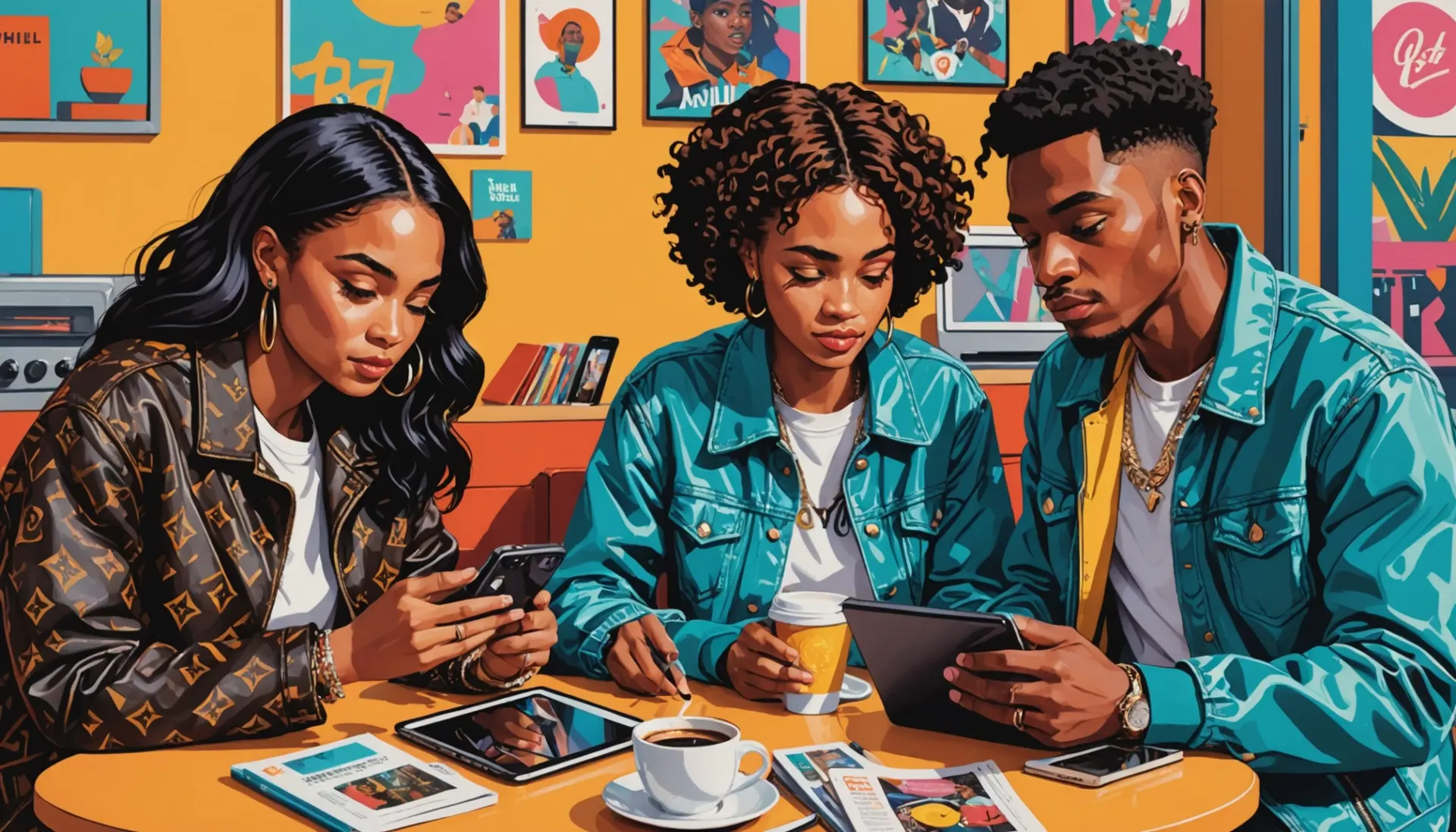 Editorial illustration showing young people discussing 'louie urban dictionary' while referencing streetwear and nicknames