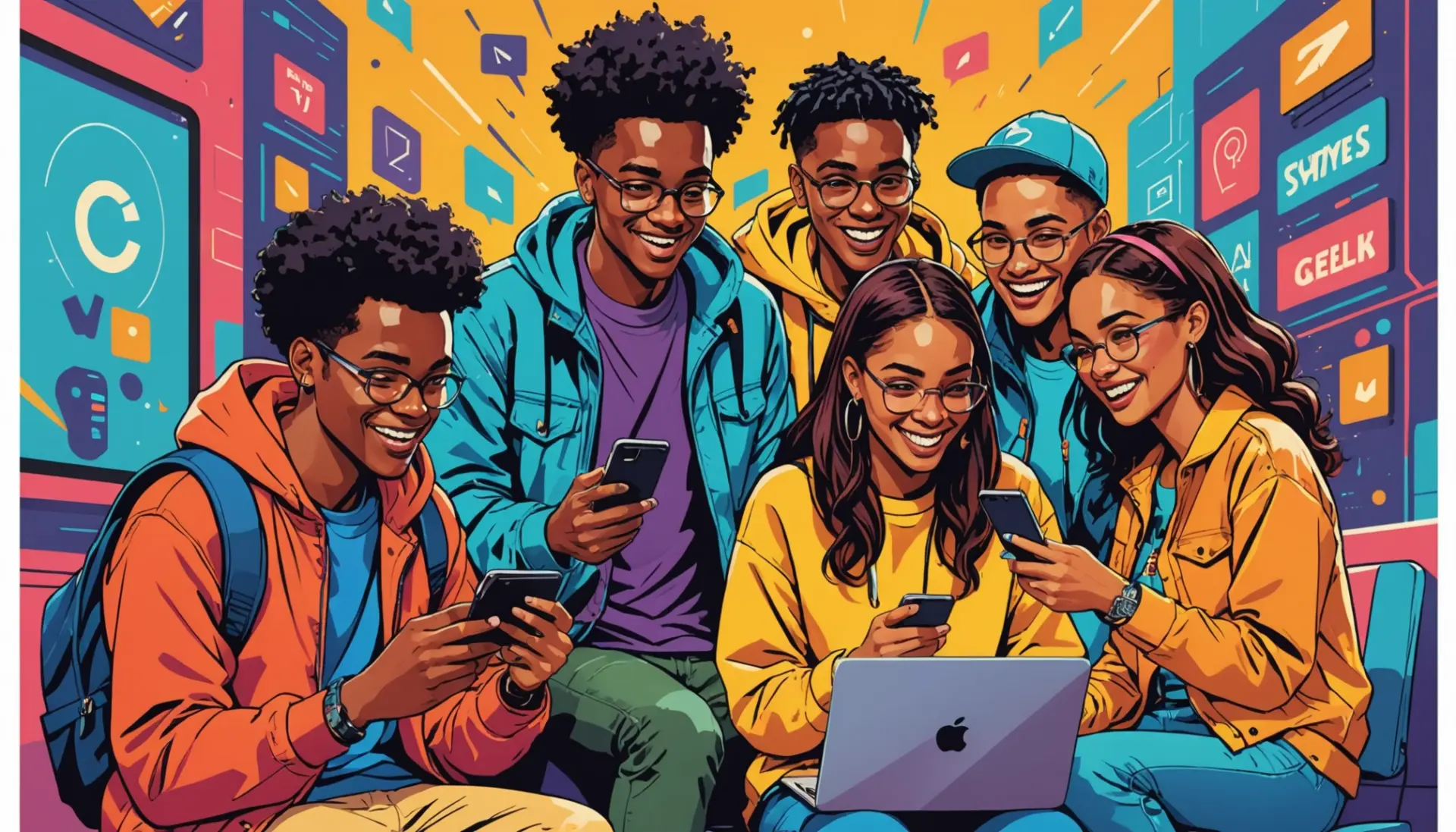 Editorial illustration showing diverse people reacting to the phrase geek urban dictionary