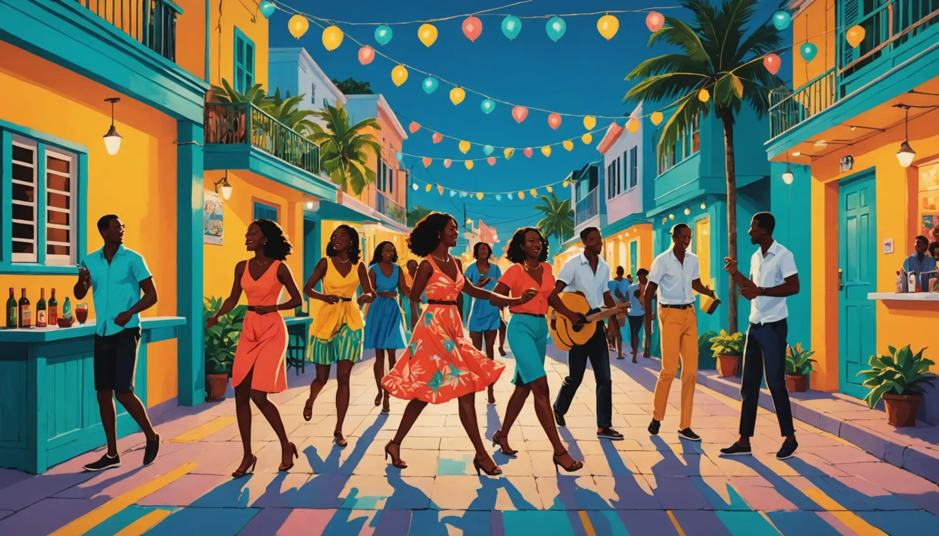 Editorial illustration of people liming and dancing that evokes barbados slang
