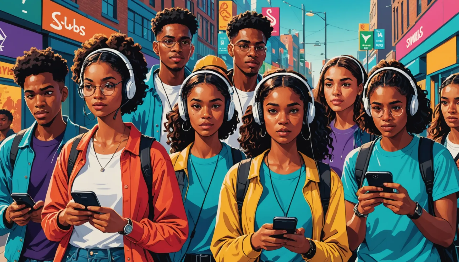 Editorial illustration showing young people reacting to the phrase scrubs meaning slang