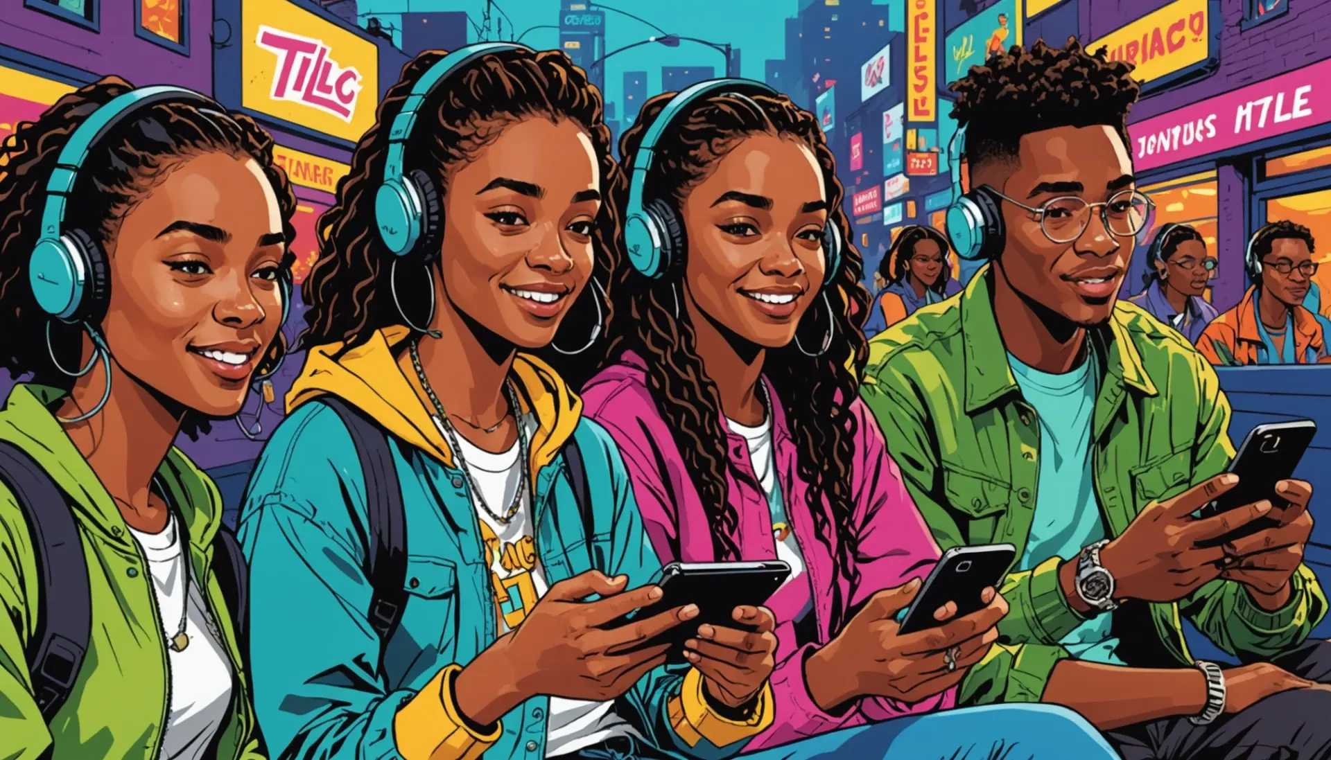 Editorial illustration of young people using scrubs slang while on phones, labeled scene shows 'scrubs slang' vibe