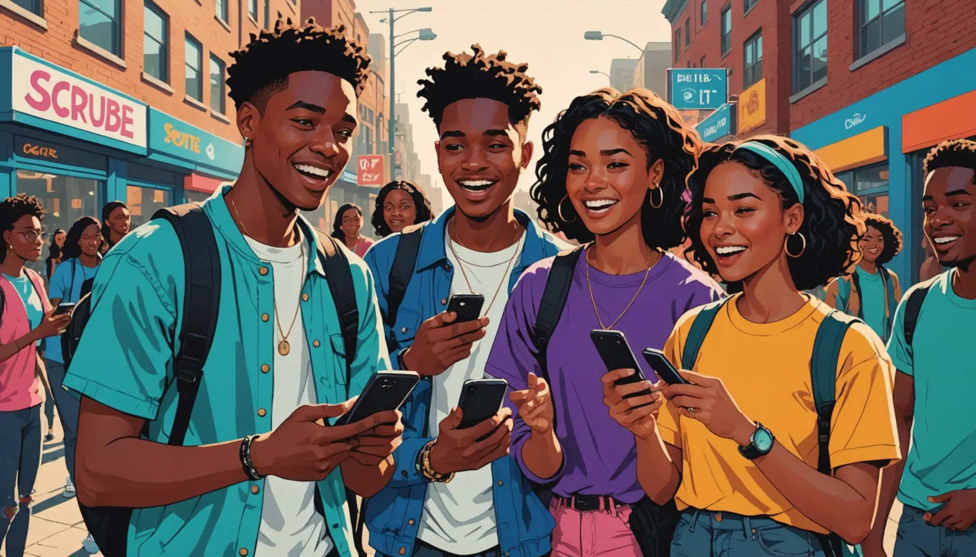 Editorial illustration showing people reacting to the phrase scrubs definition slang in bold social scenes