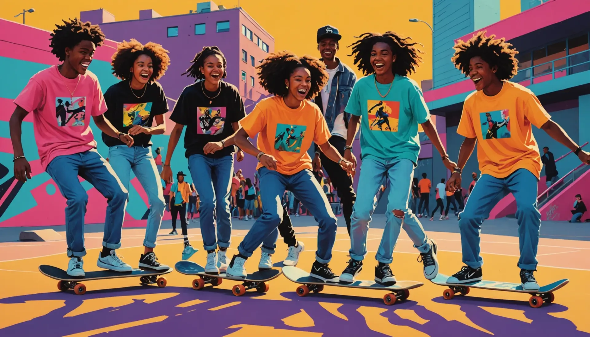 Illustration showing skateboarder and neon colors with the phrase what does rad mean in slang vibe
