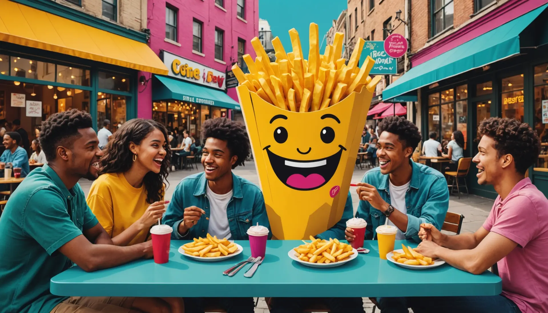 Editorial illustration of people and a giant french fry, showing what does french fry mean slang