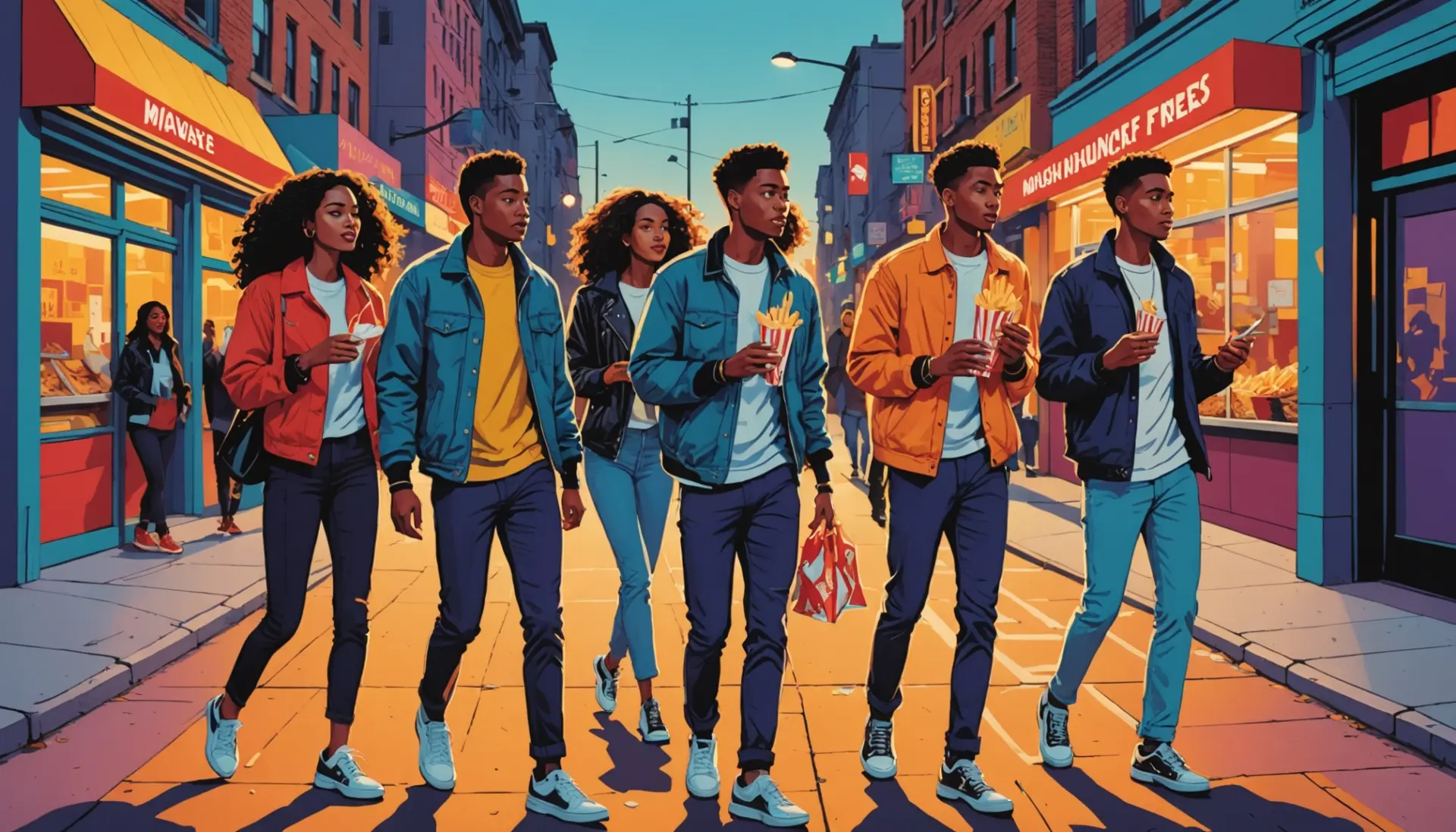 Illustration of friends sharing french fries, representing 'what does getting french fries mean in slang'