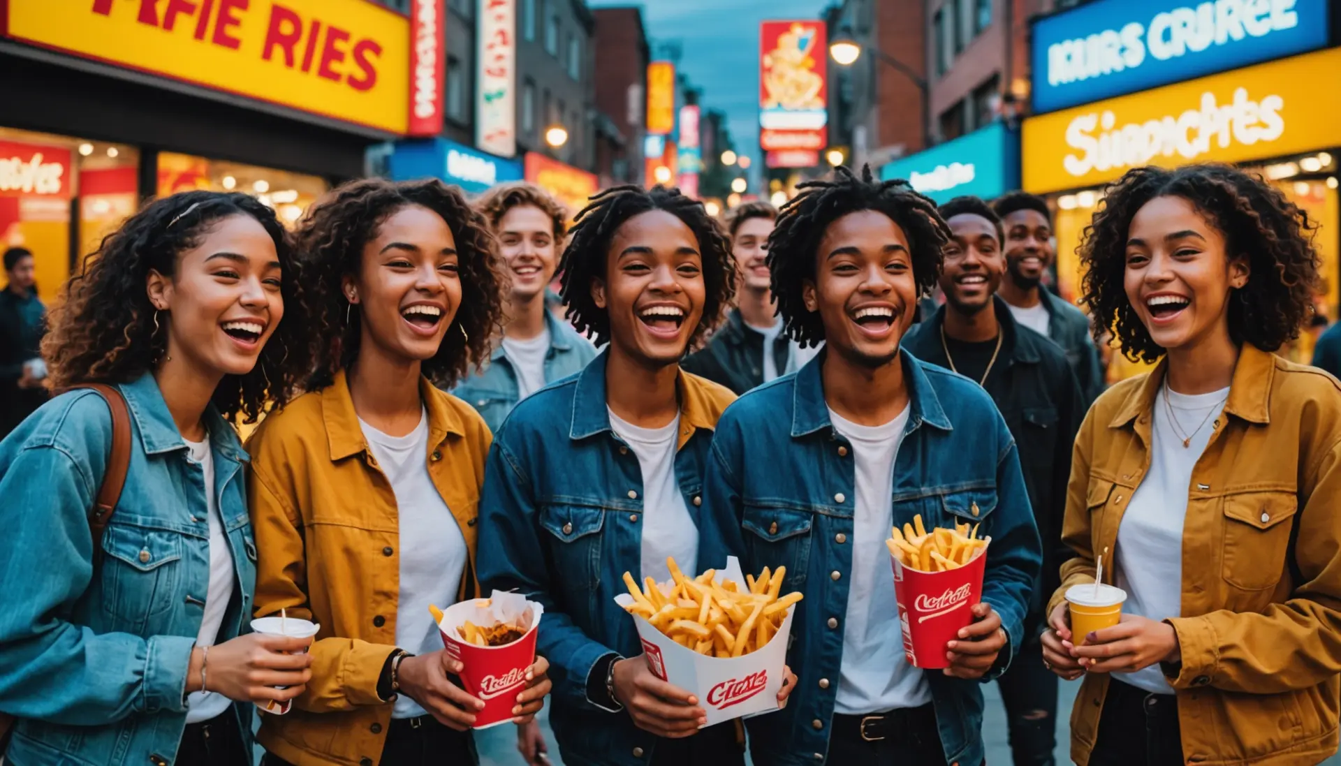 Editorial illustration showing young people and fast food asking what does french fries mean