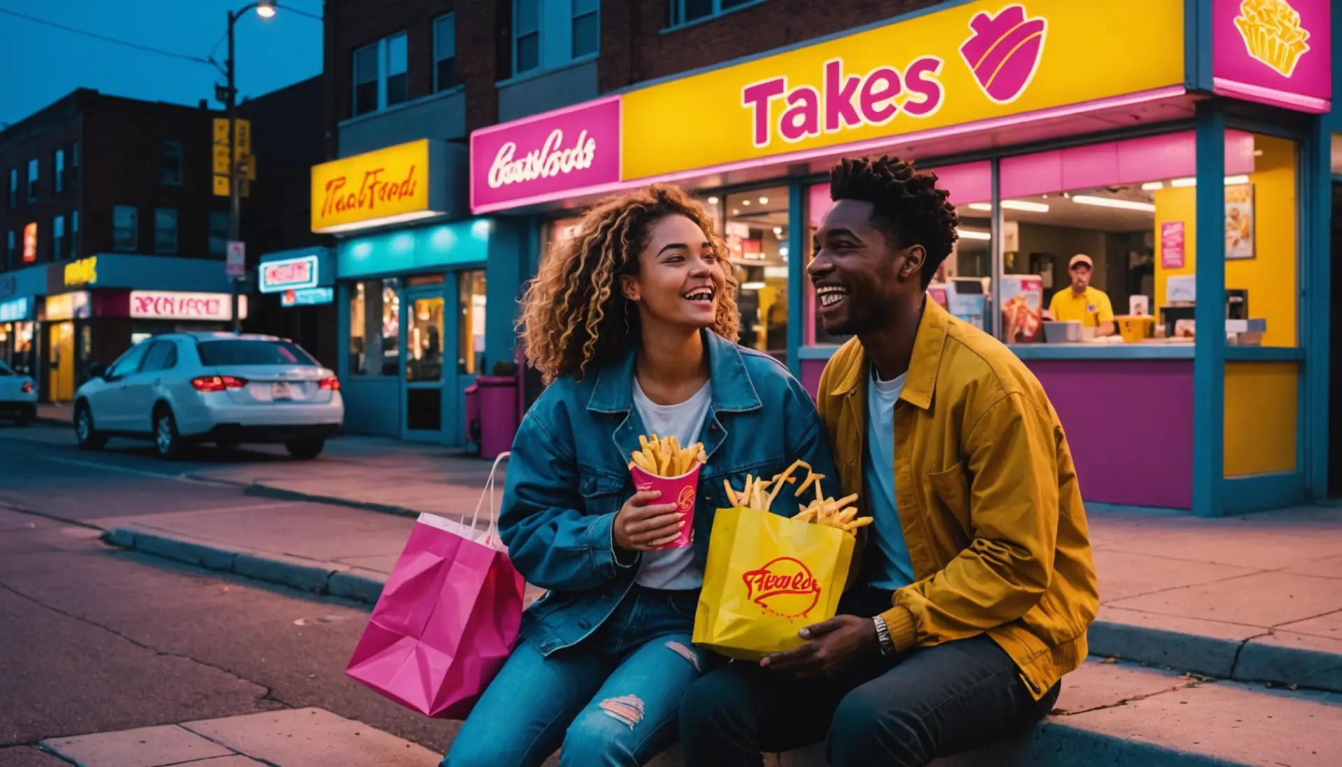 Editorial illustration about what does french fries sex mean with neon fast-food imagery and playful figures