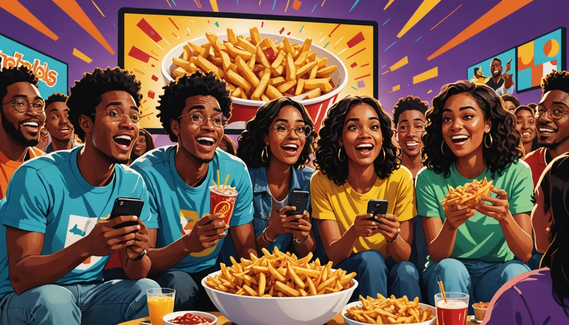Editorial illustration of Love Island fans reacting with captions reading french fries and the phrase what does french fries mean love island