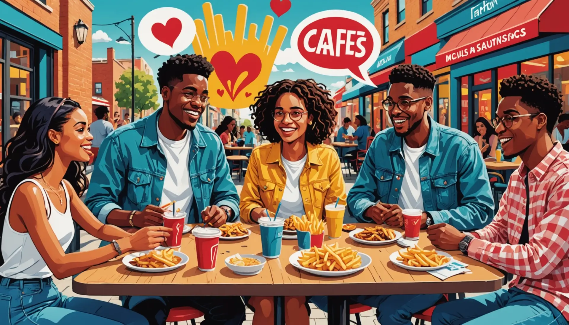 Editorial illustration of young people debating what does french fry mean with stylized fries and speech bubbles