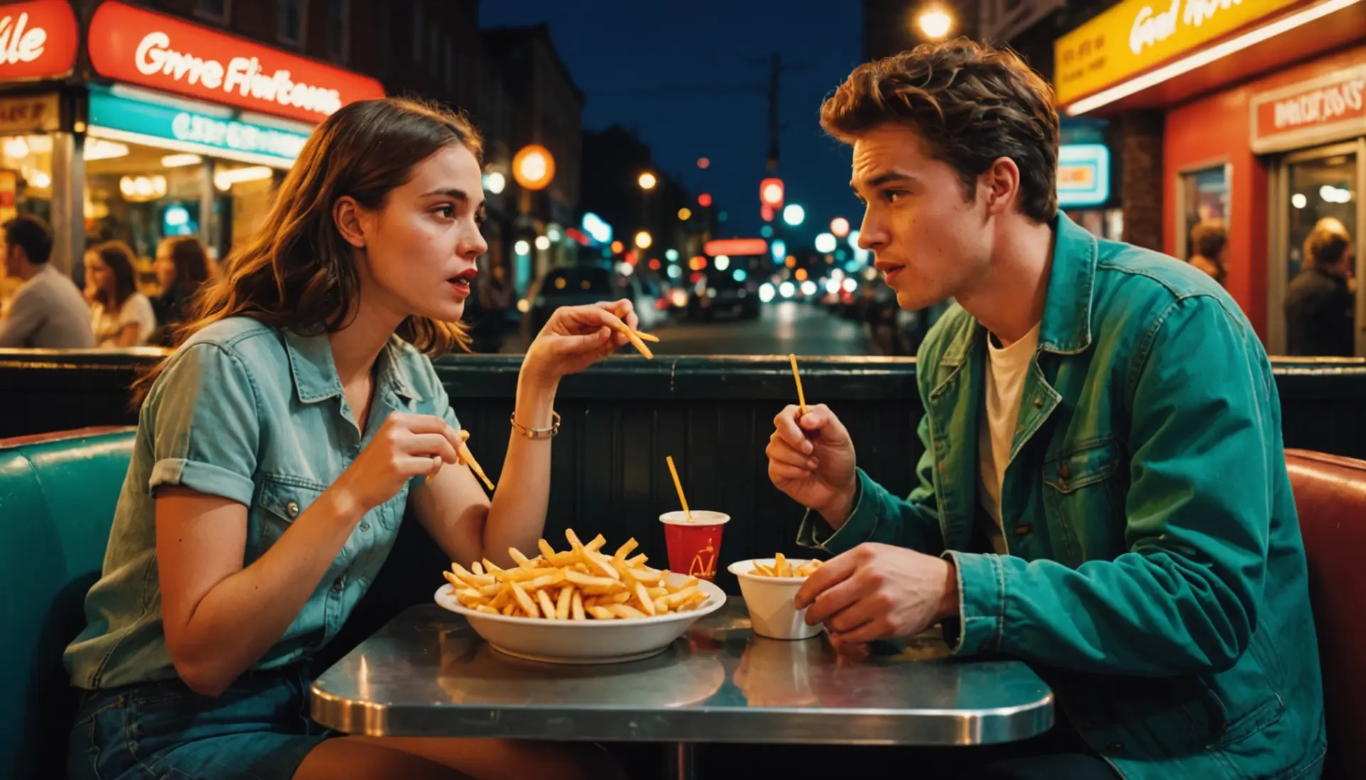 Illustration of two people laughing over fries with the phrase what does french fries mean in sex implied