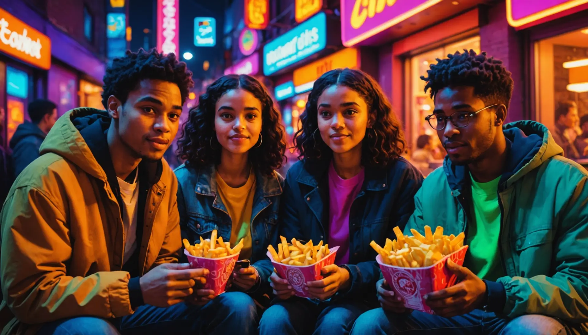 Editorial illustration of people texting about fries, capturing what does french fries mean sexual