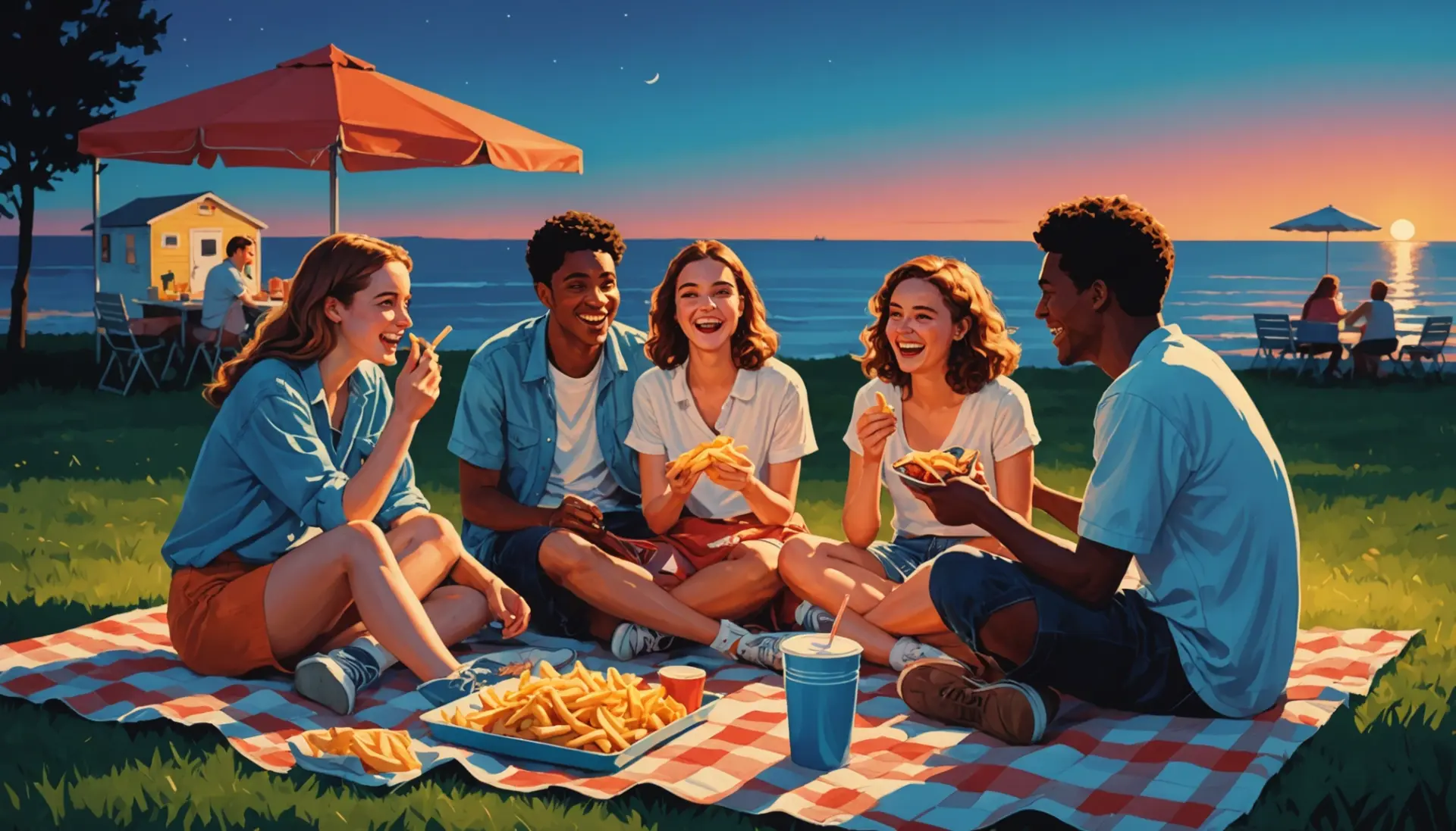 Illustration showing Love Island vibe, caption idea: what does getting french fries mean love island reference