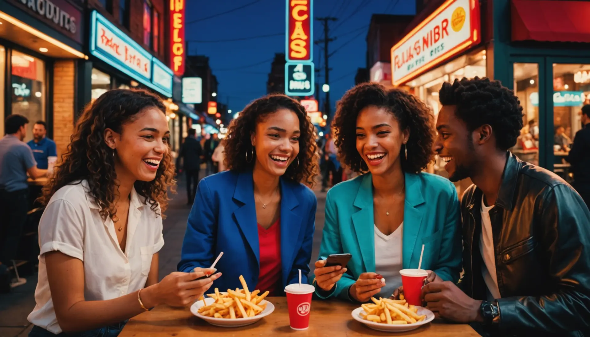 Editorial illustration showing young people texting about what does getting some french fries mean while laughing at a diner