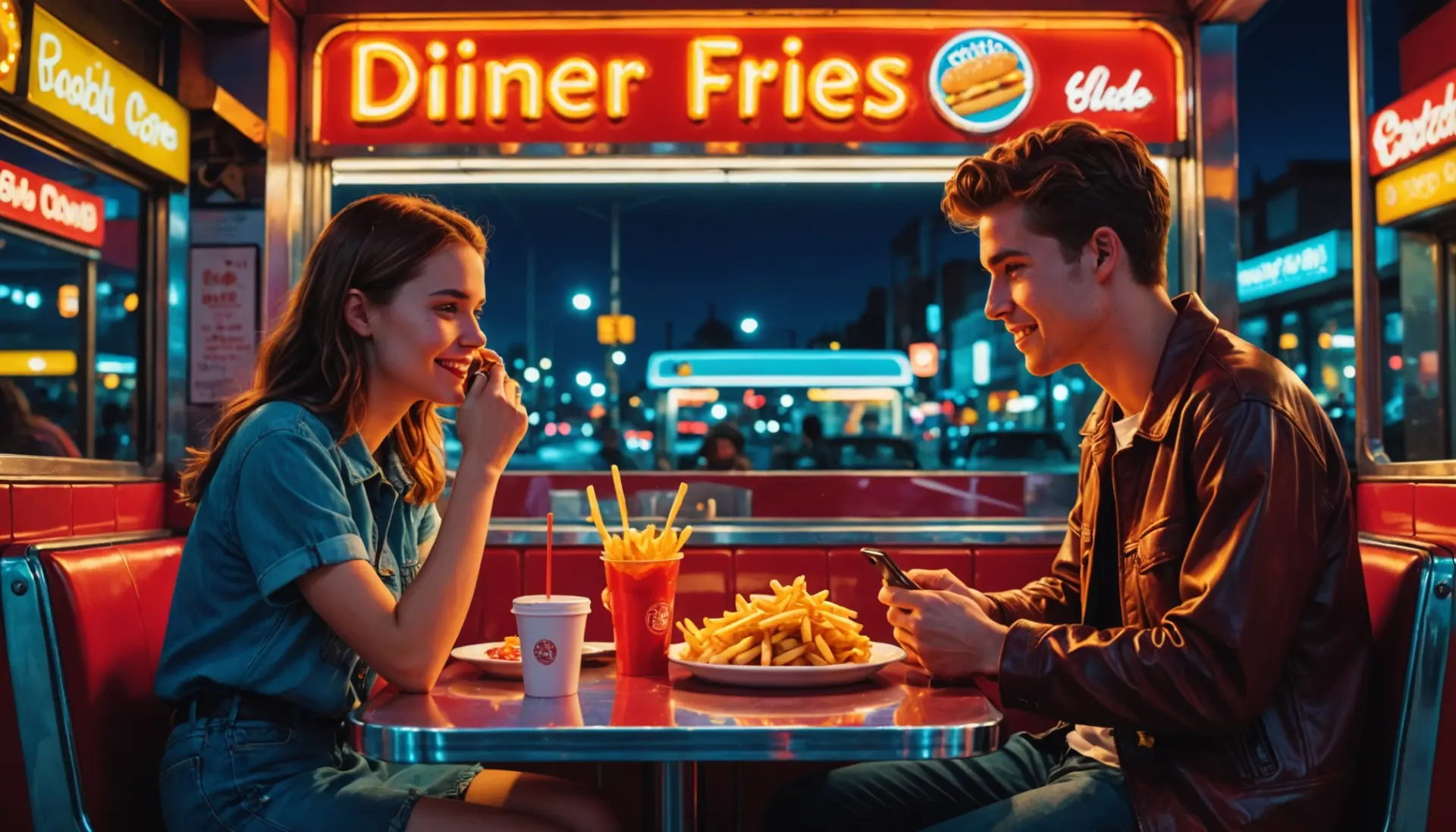 Editorial illustration showing people texting about fries with flirtatious subtext, featuring the phrase french fries urban dictionary sex in context
