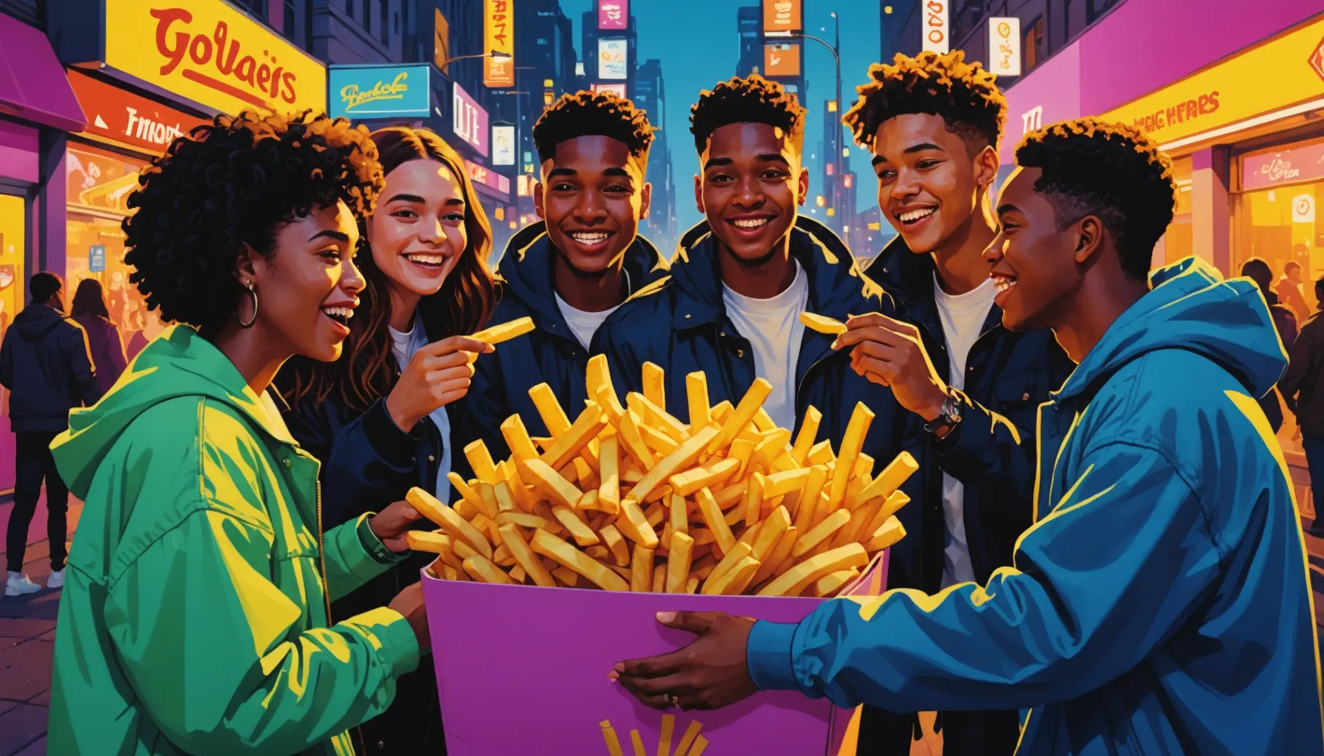 Editorial illustration showing people enjoying fries, with the phrase getting french fries urban dictionary implied