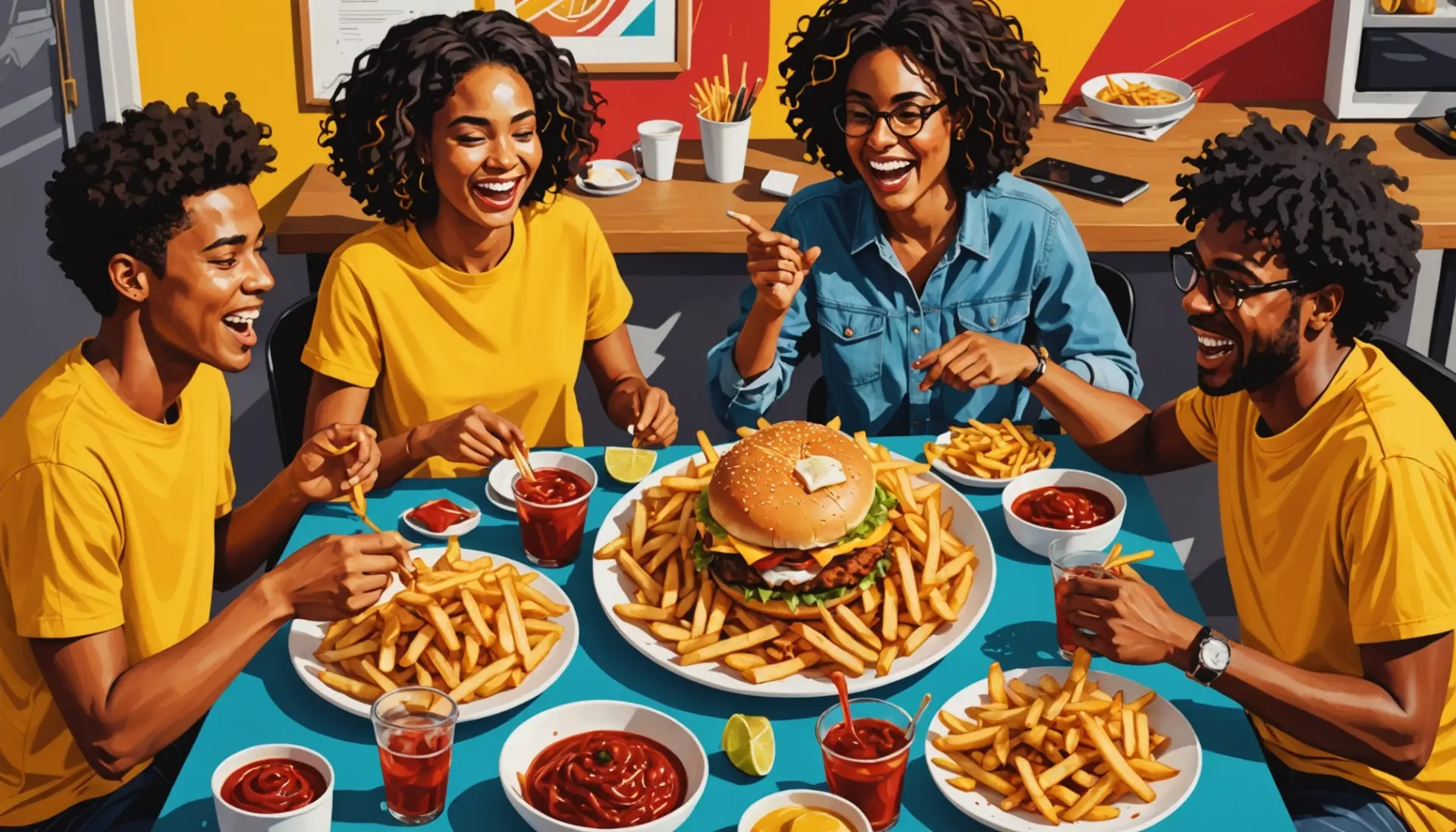 Illustration showing people laughing over fries with caption hint, doing french fries urban dictionary