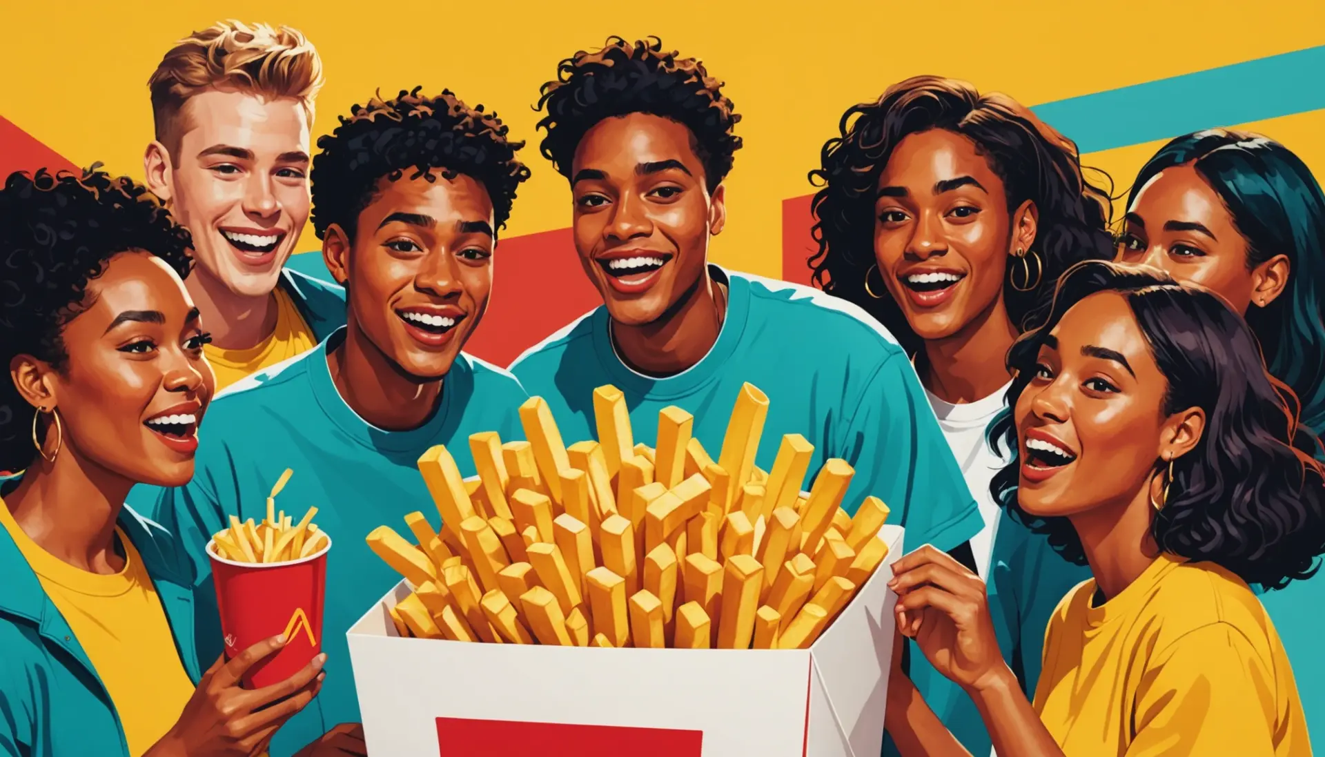 Editorial illustration showing people laughing over a giant stylized box of french fries, captioned vibe, representing french fries urban dictionary