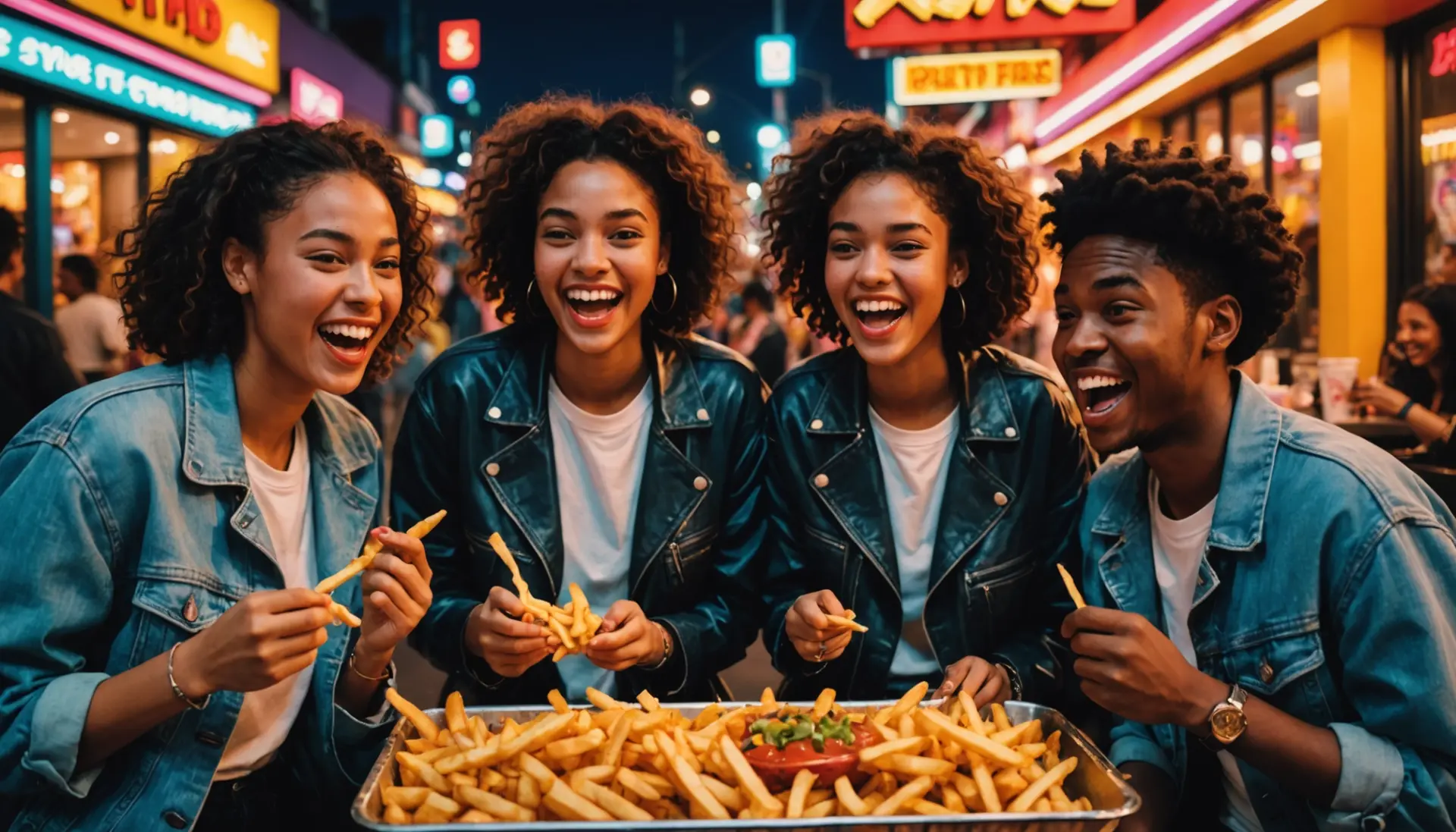 Editorial illustration showing a group sharing french fries, caption mood, representing french fries urban dictionary slang