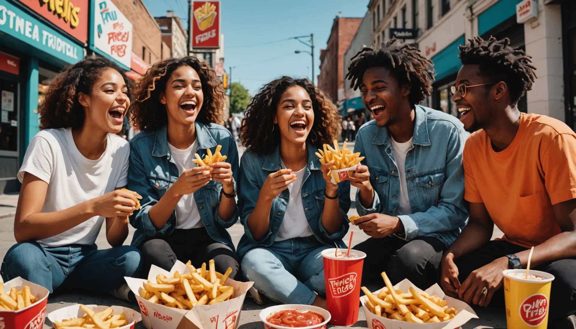 Editorial illustration of people sharing french fries, representing the phrase french fries meaning slang